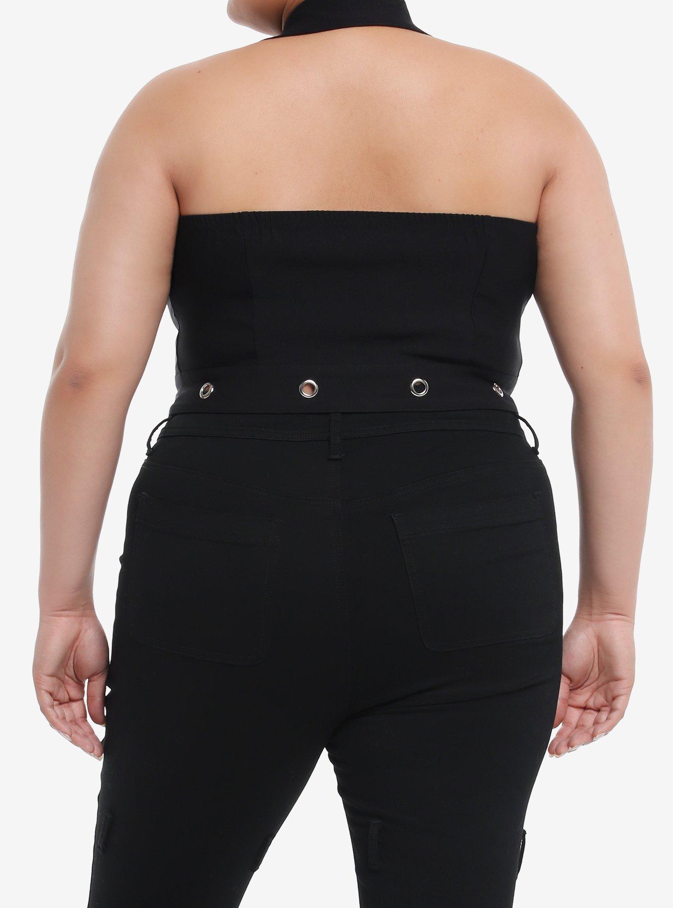 Social Collision Collar Belt Halter Girls Crop Tank Top Plus Size, BLACK, alternate