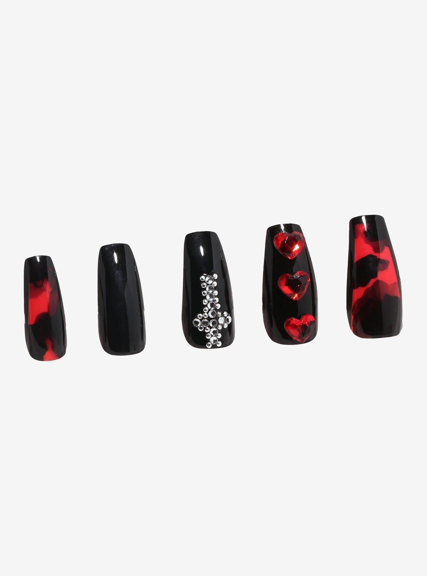 Blackheart Red Heart Cross Gem Faux Nail Set