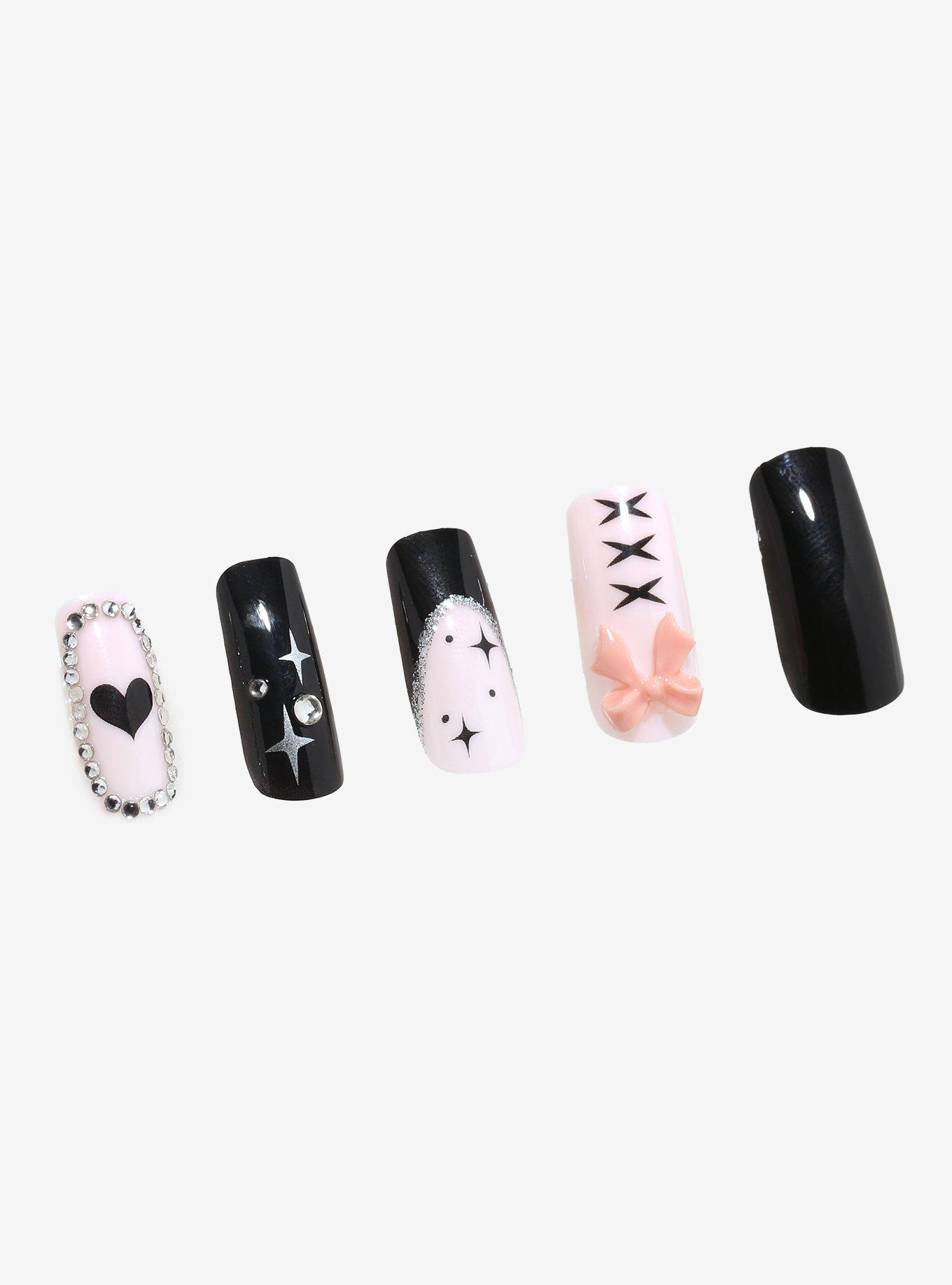 Blackheart Black & Pink Lolita Faux Nail Set, , hi-res