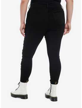 Social Collision® Black Destructed Fishnet Super Skinny Jeans Plus Size, , hi-res