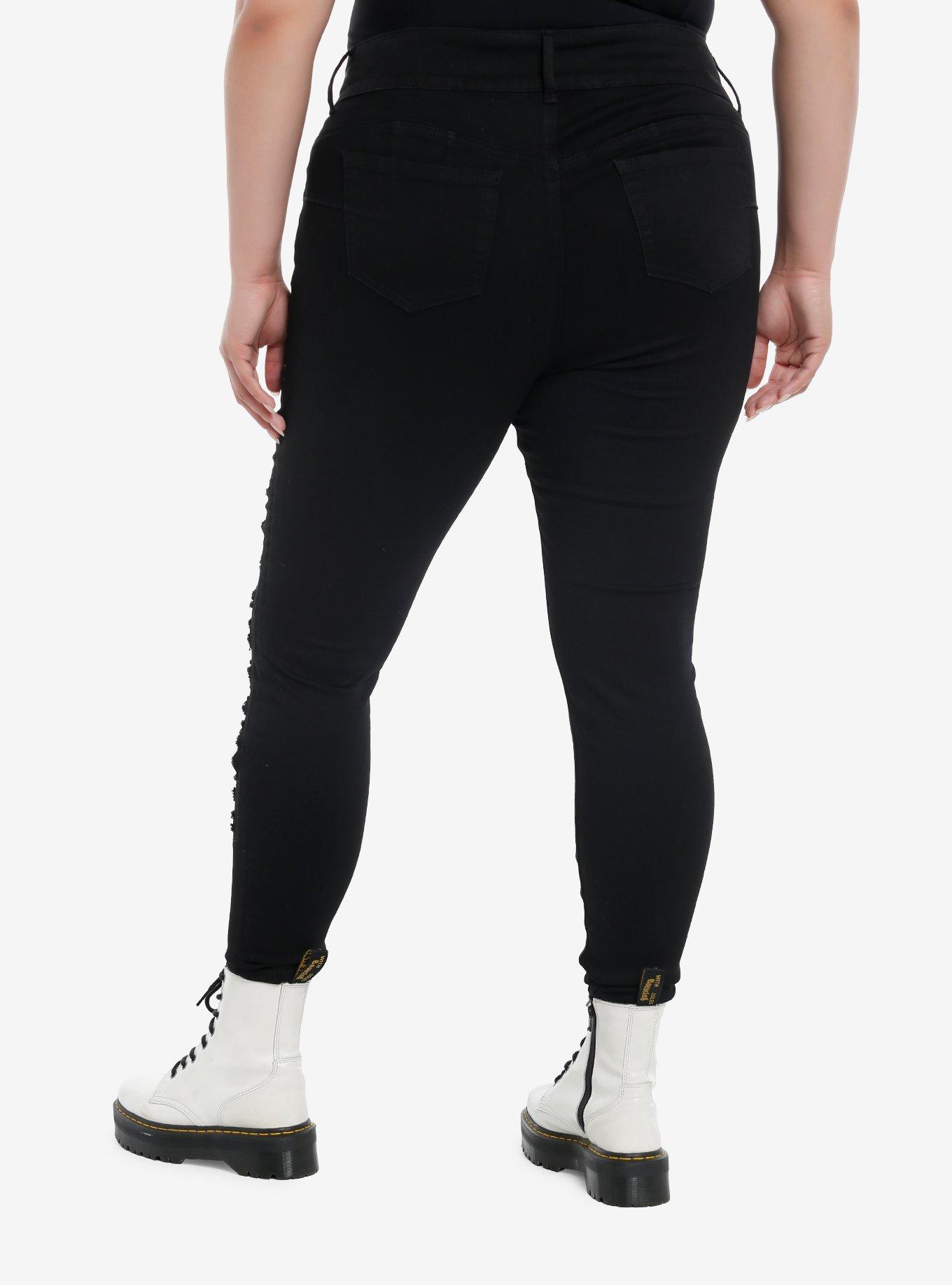 Black Destructed Fishnet Super Skinny Jeans Plus Size, , hi-res