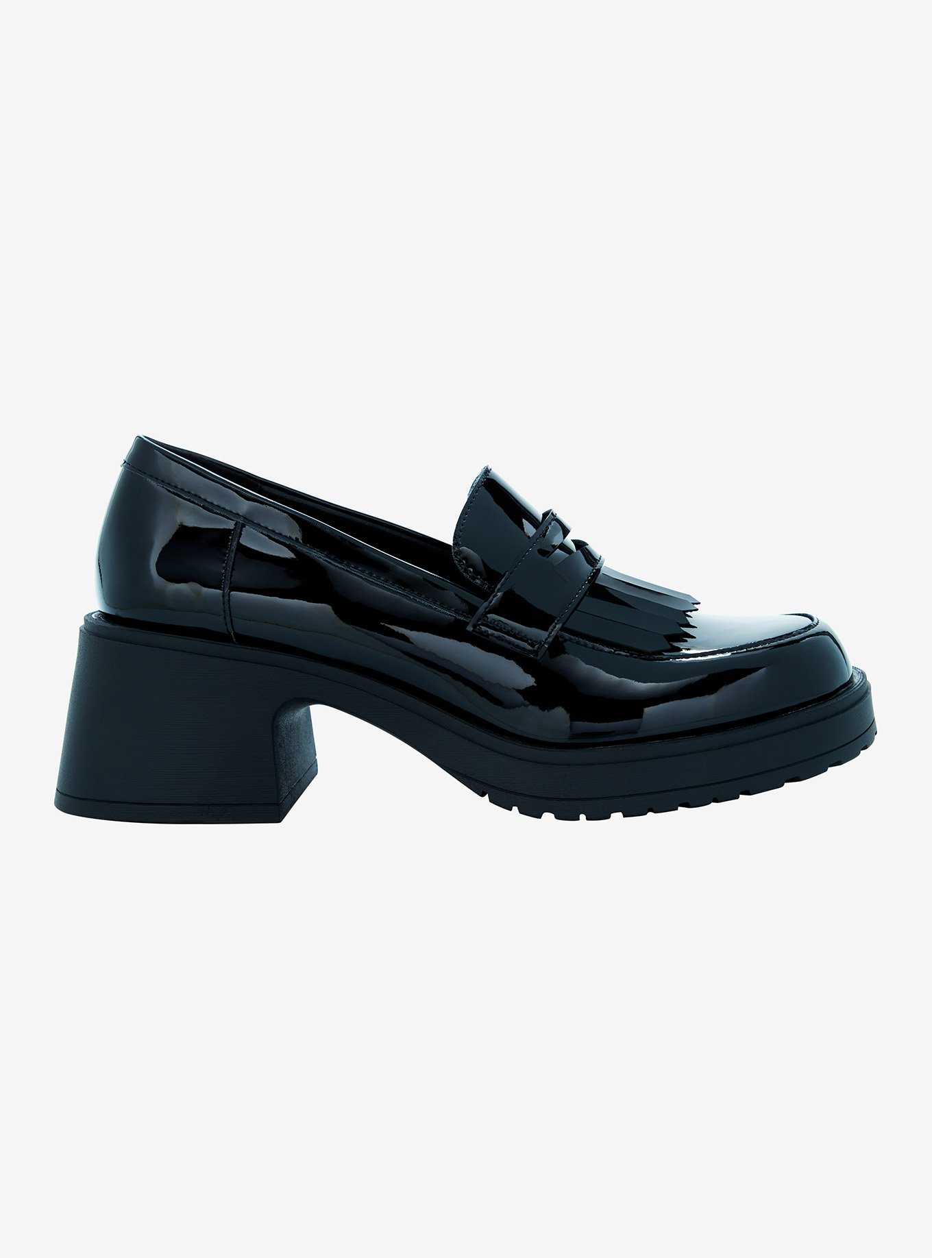 Dirty Laundry Black Patent Fringe Loafer Heels, , hi-res