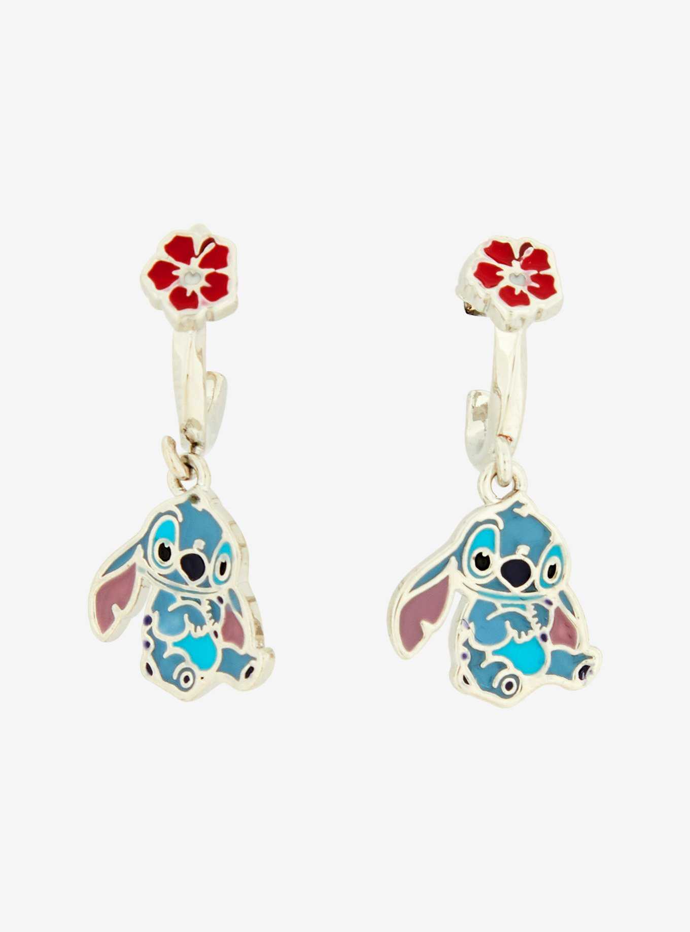 Disney Girls Lilo & Stitch Hoop Earrings - Enamel Hibiscus Flower & Stitch  Brass Dangle Earrings - Officially Licensed