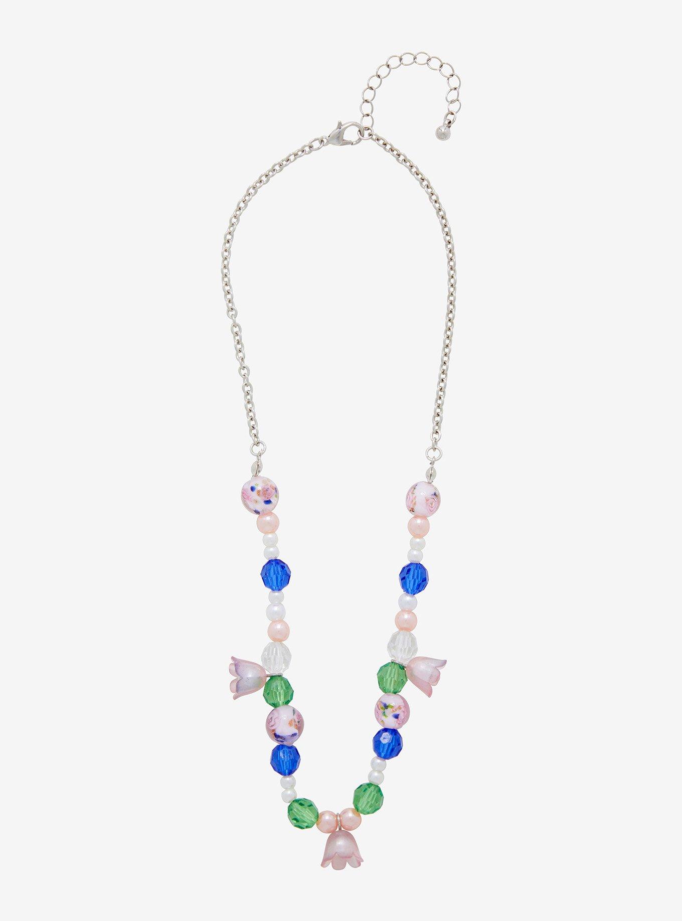 Thorn & Fable Pink Flower Bead Chain Necklace
