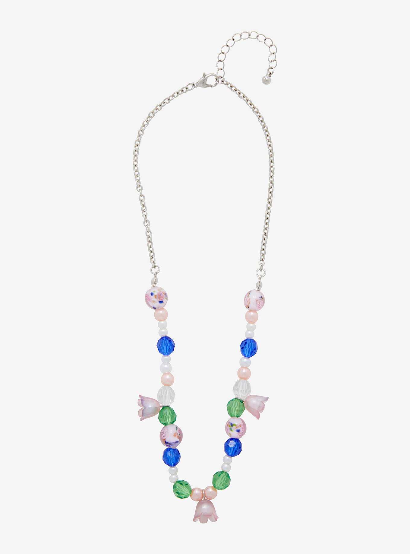 Thorn & Fable Pink Flower Bead Chain Necklace, , hi-res