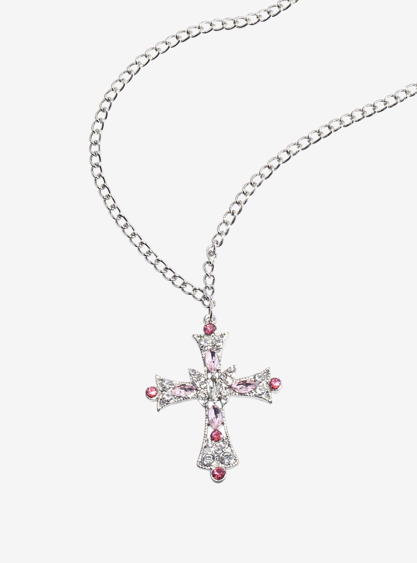 Sweet Society Pink Gem Cross Necklace, , alternate