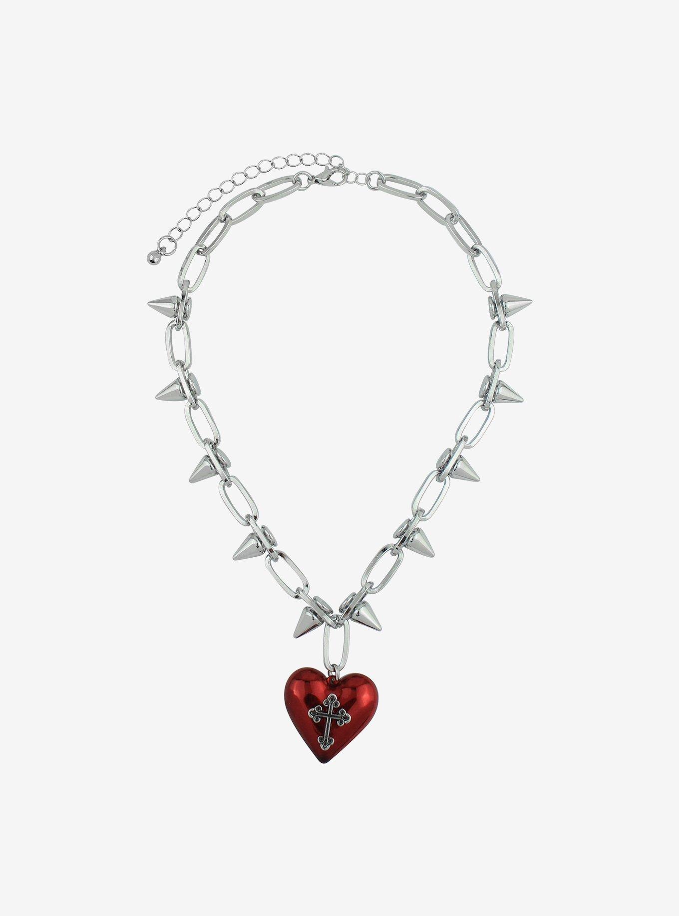 Red Heart Spike Chain Choker, , hi-res