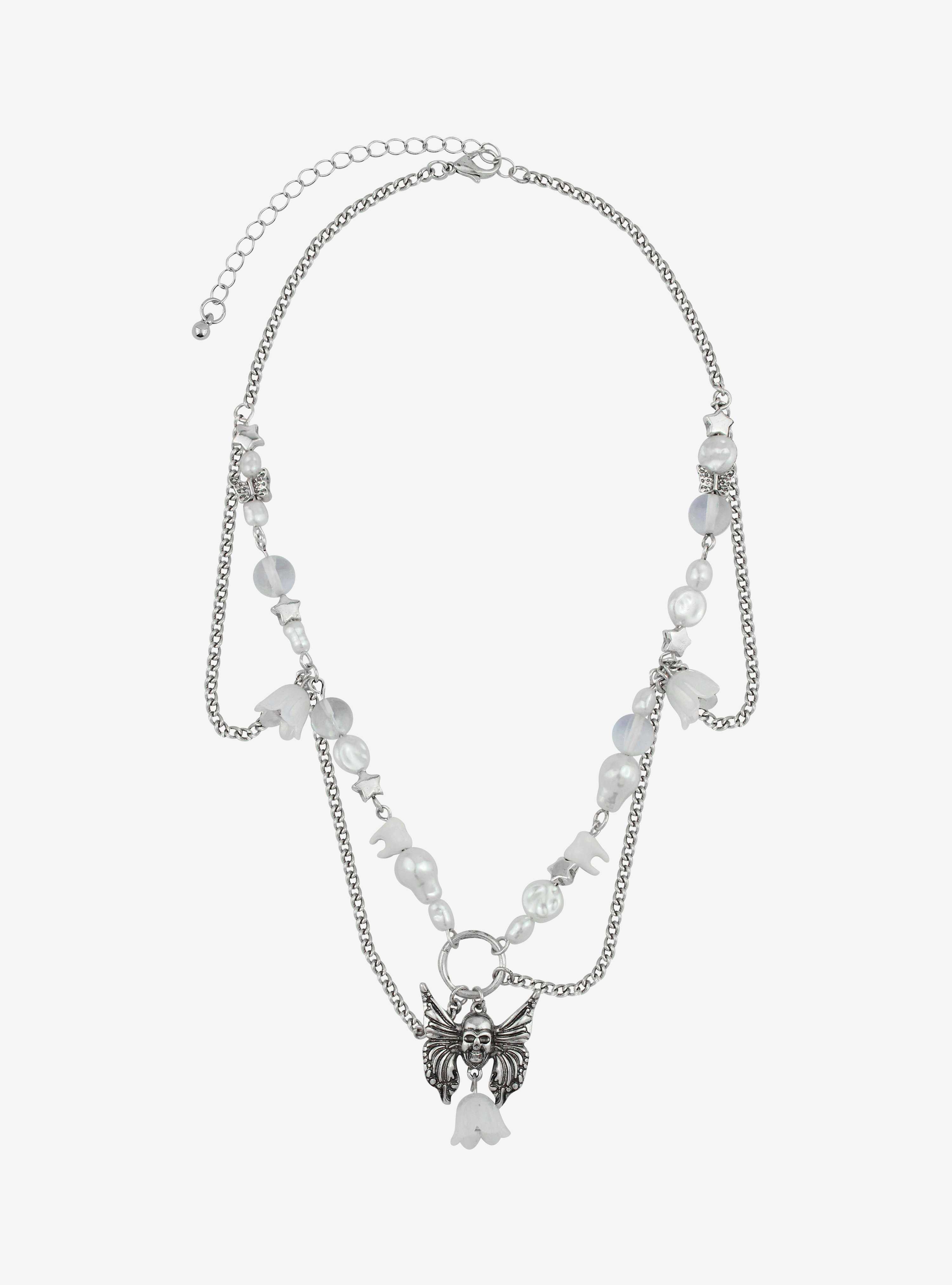 Thorn & Fable Winged Skull Flower Chain Necklace, , hi-res