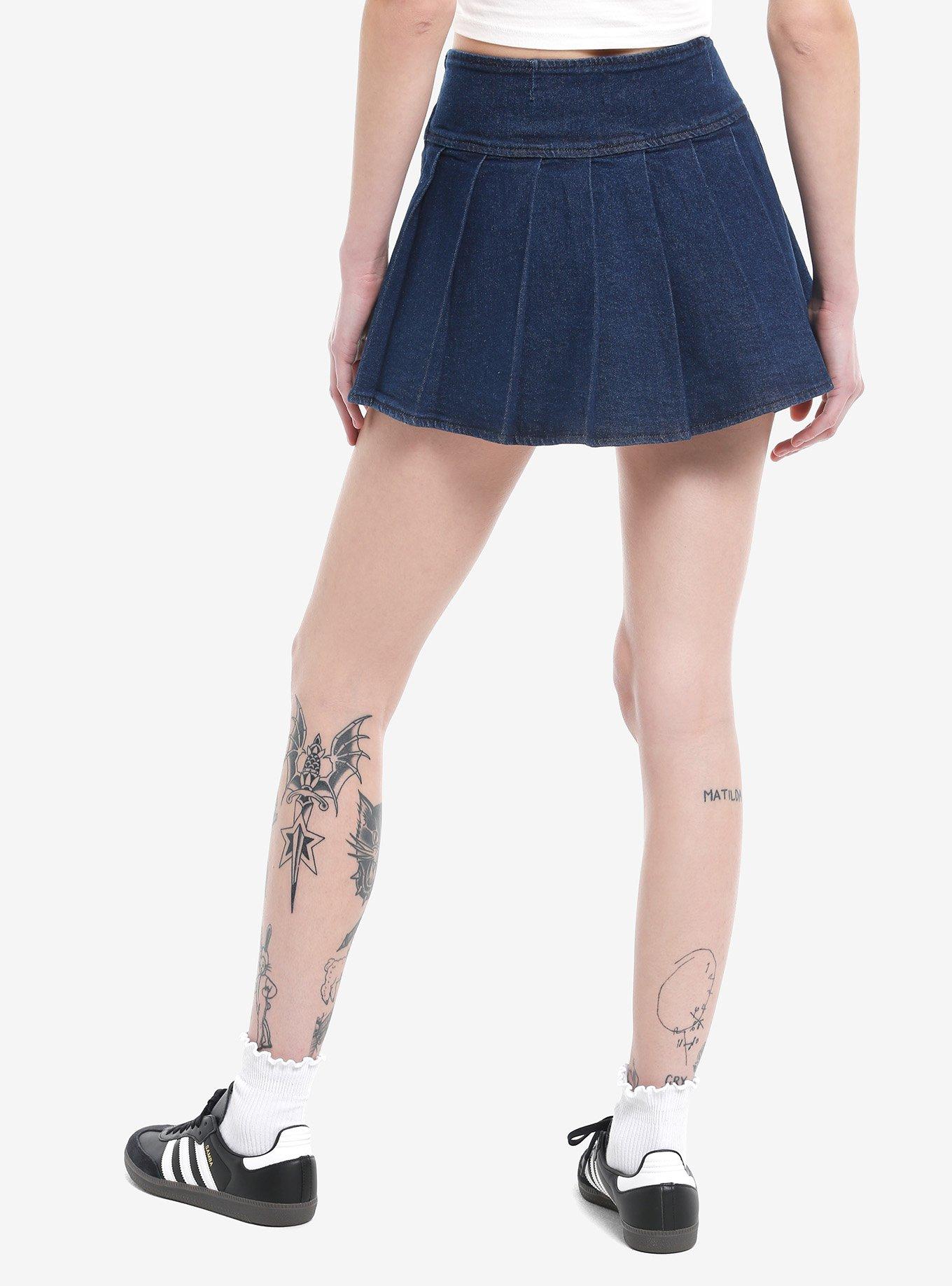 Social Collision Dark Denim Pleated Skirt, DARK BLUE, alternate