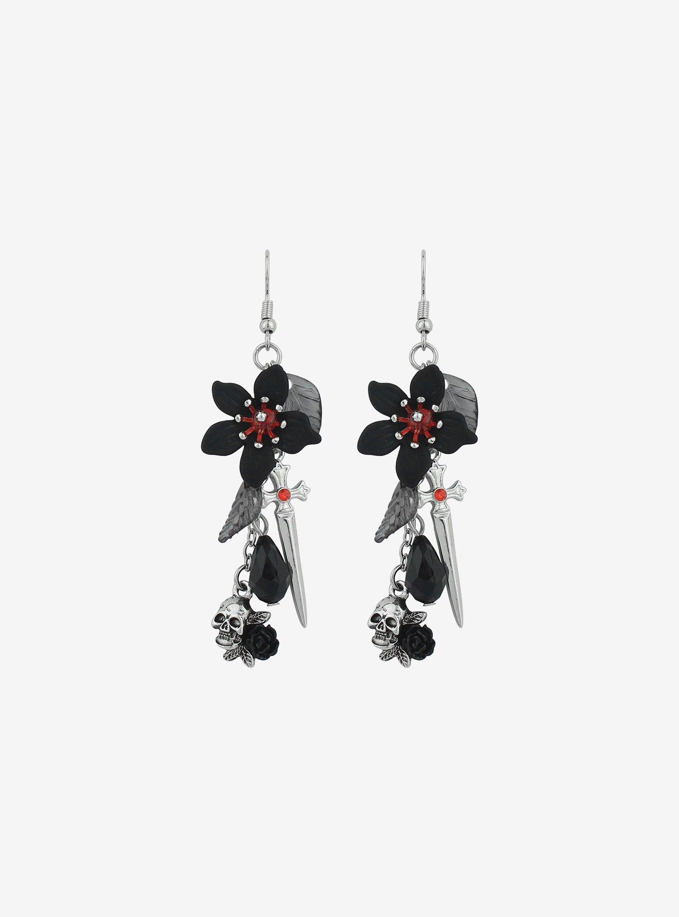 Black Flower Dagger Drop Earrings, , alternate