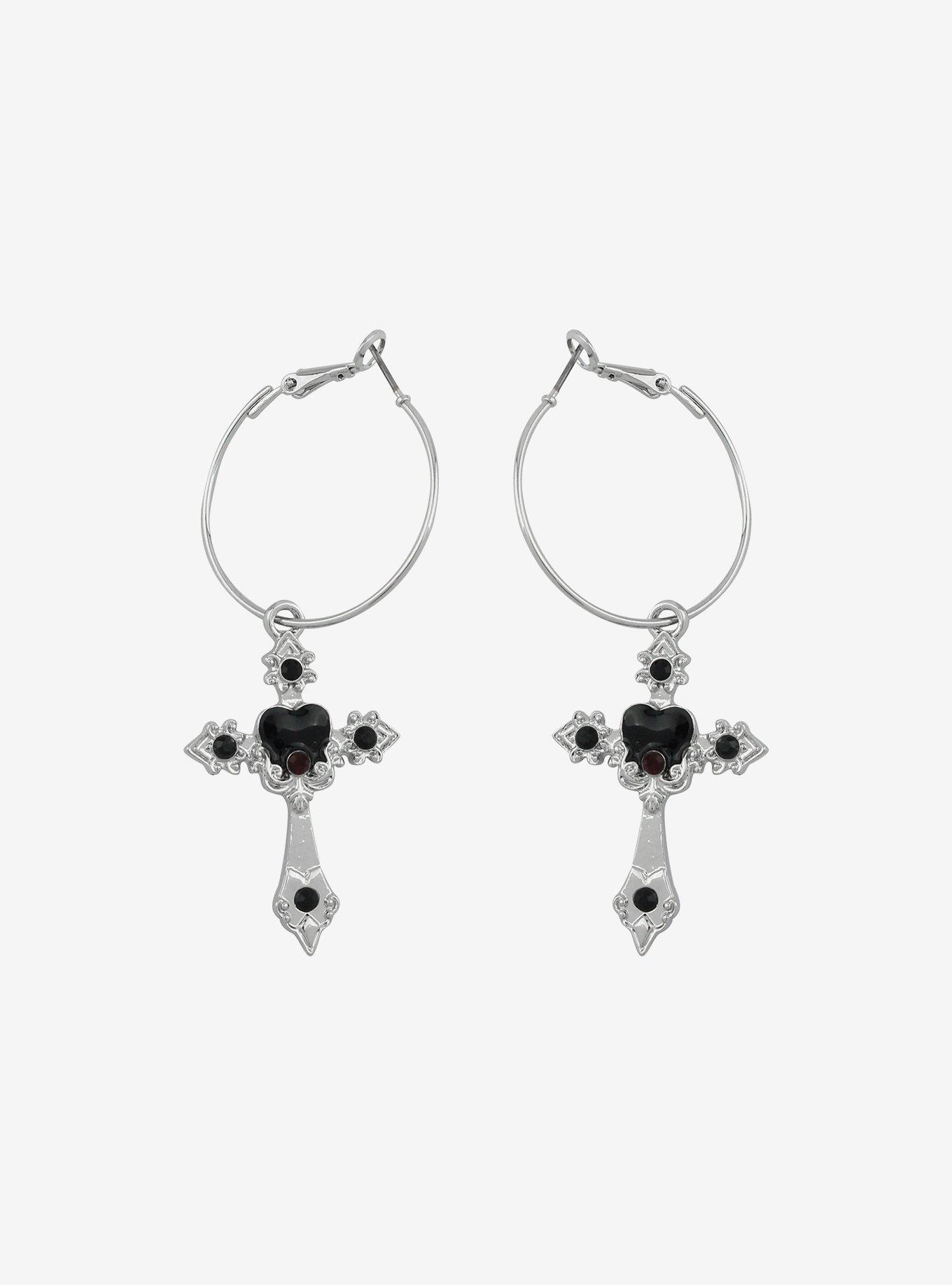 Social Collision® Heart Gothic Cross Hoop Earrings, , hi-res