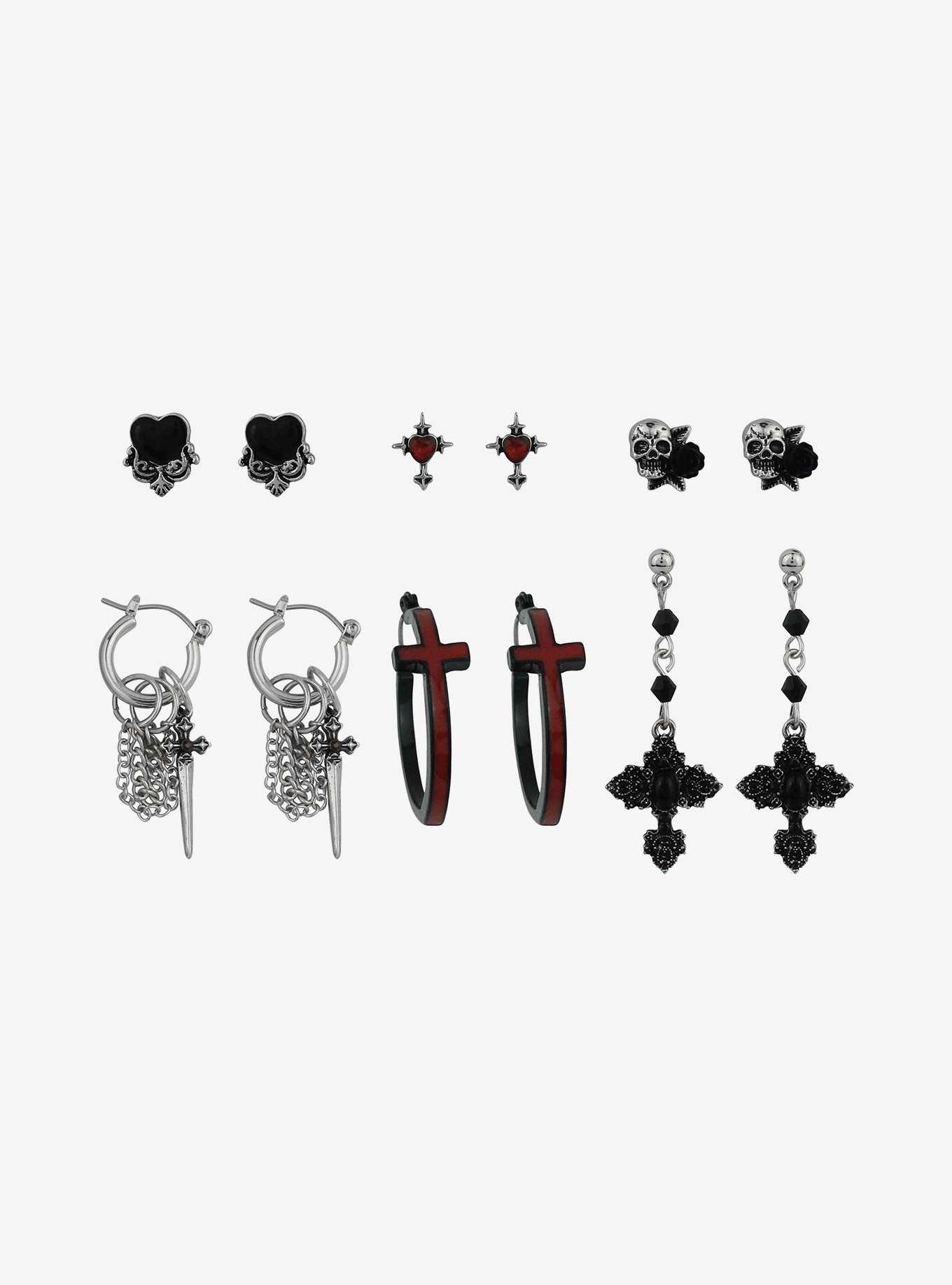 Red Gothic Cross Earring Set, , hi-res