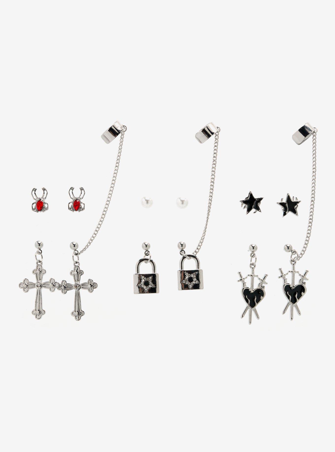 Social Collision Goth Cross Spider Cuff Earring Set, , hi-res