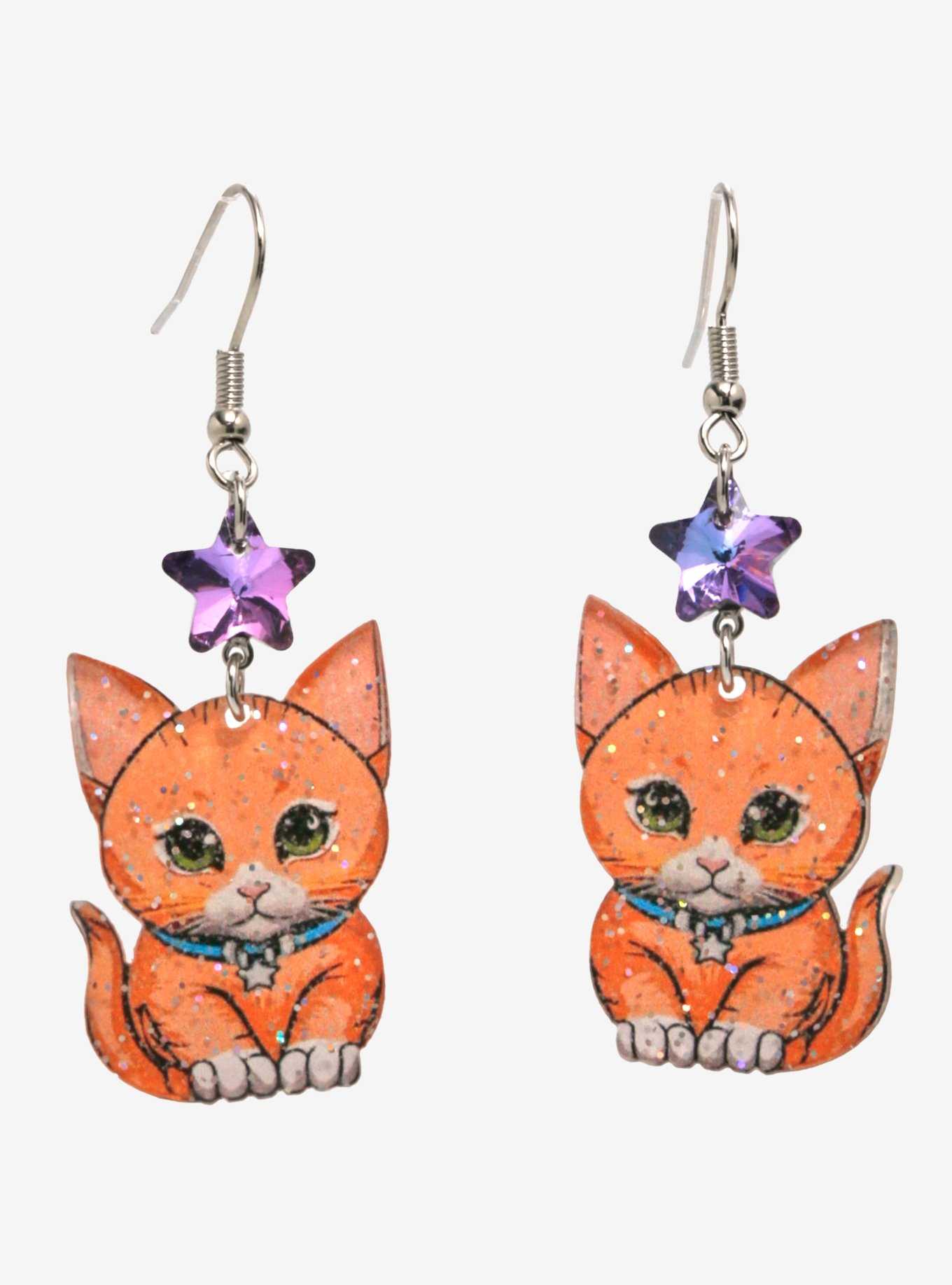 Sweet Society Orange Cat Glitter Earrings, , hi-res