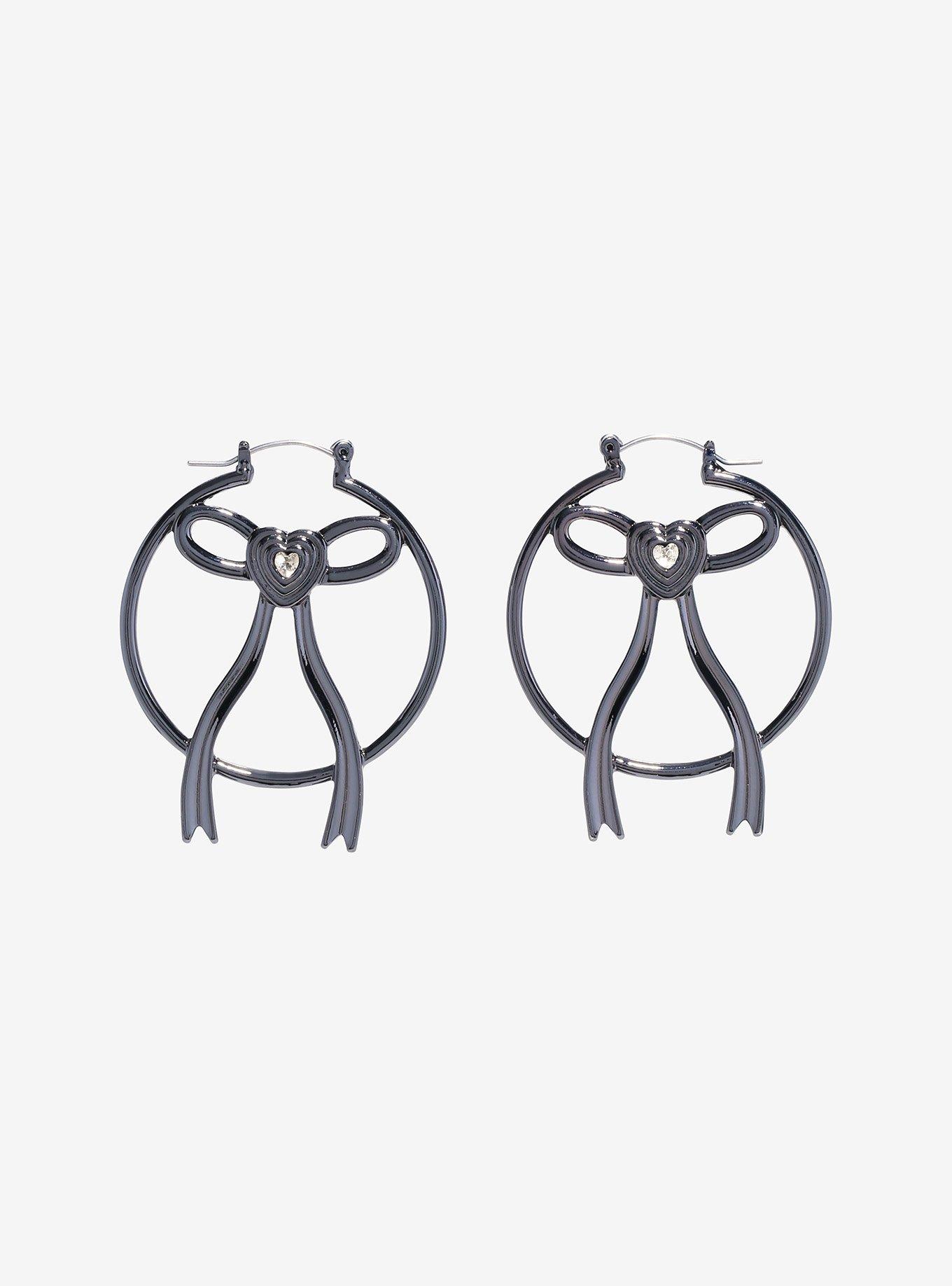 Social Collision® Black Heart Bow Hoop Earrings, , hi-res