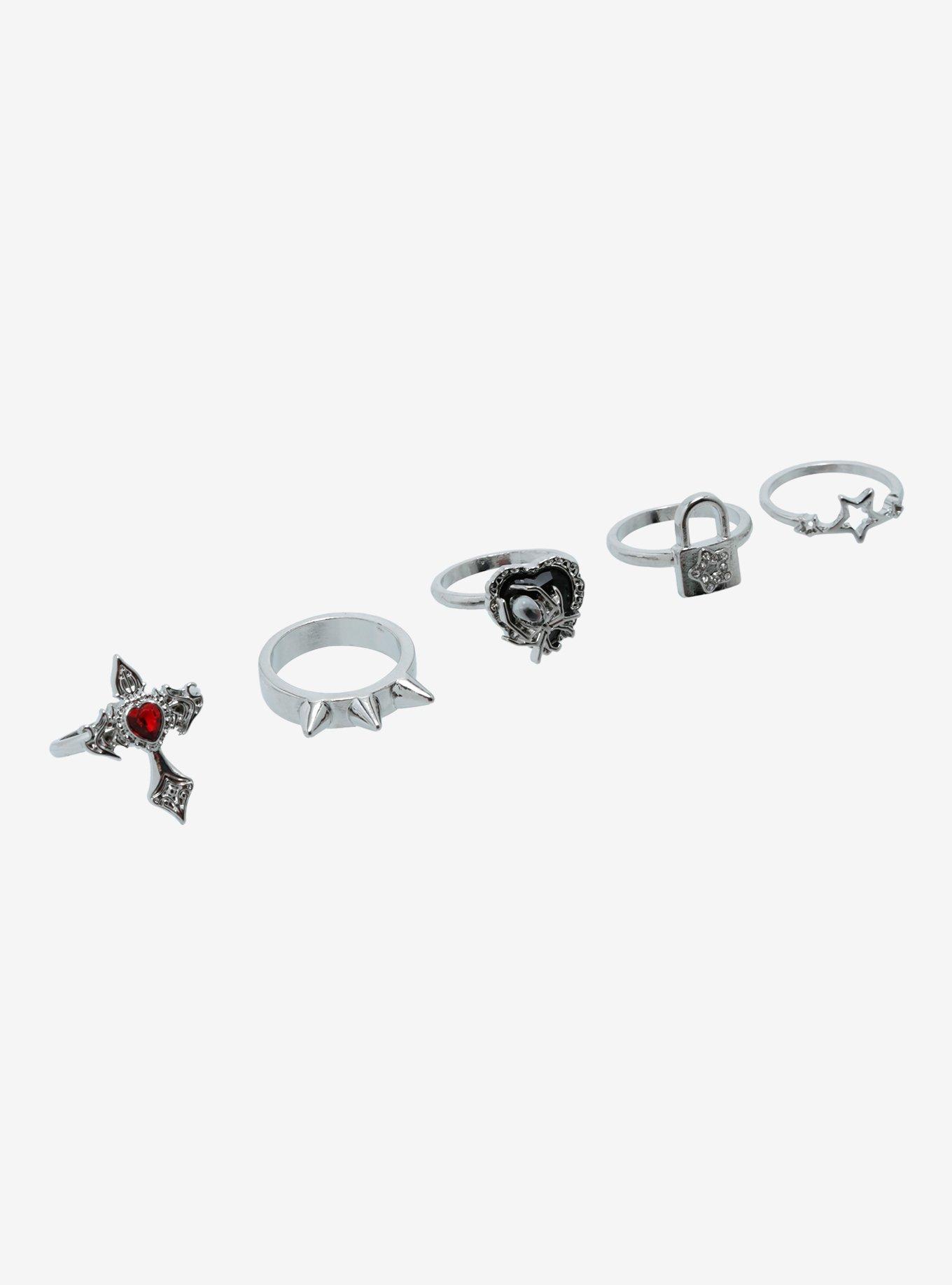 Social Collision Goth Cross Heart Ring Set, , alternate