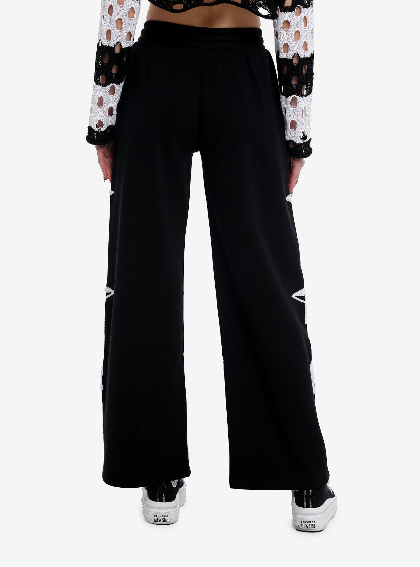 Skull Star Fuzzy Patch Wide Leg Girls Lounge Pants, BLACK, alternate