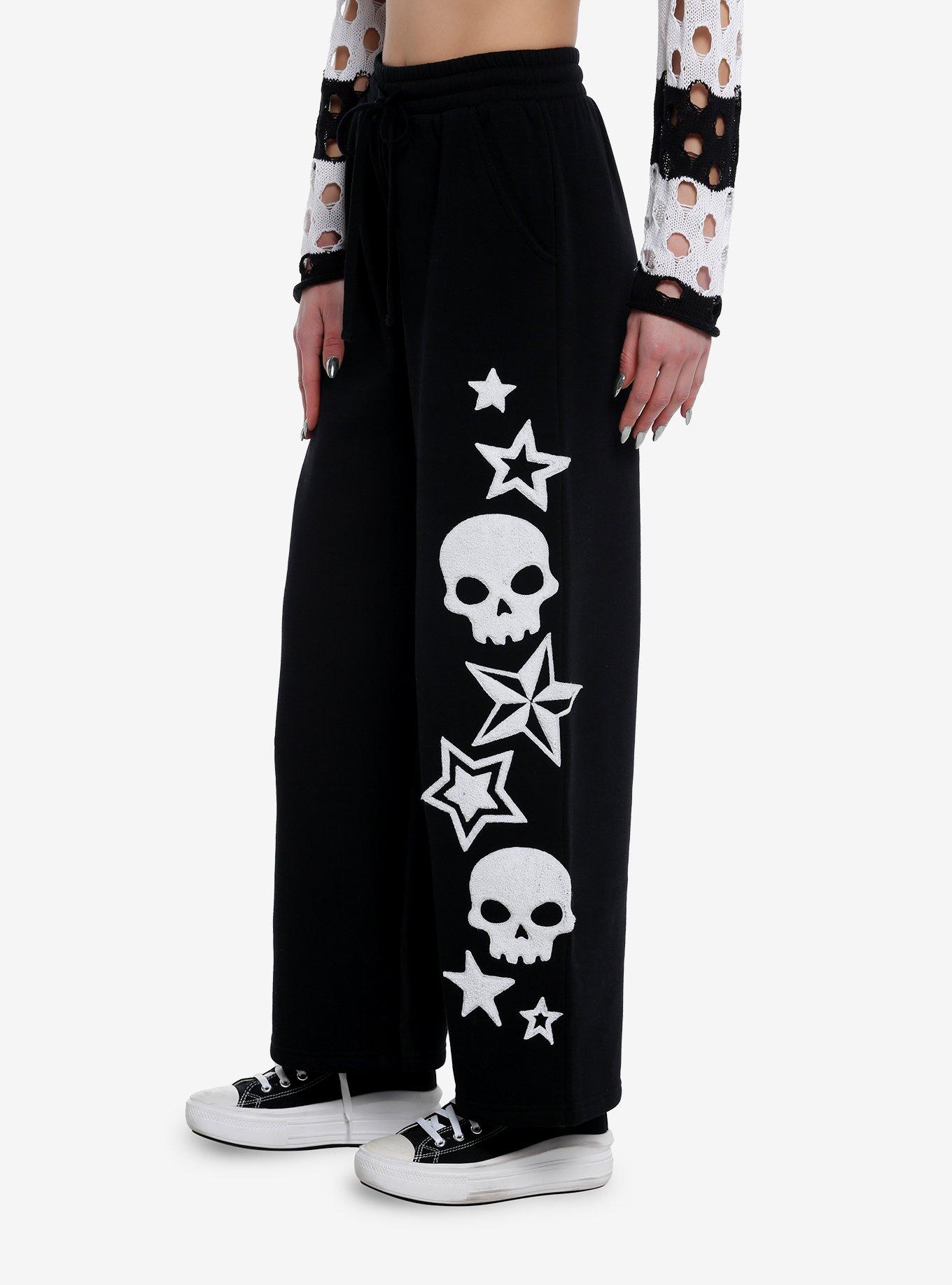 Skull Star Fuzzy Patch Wide Leg Girls Lounge Pants, BLACK, alternate