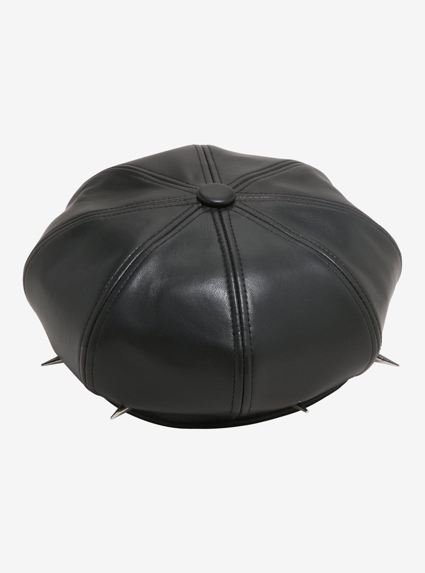 Black Faux Leather Skull Spike Cabbie Hat, , alternate