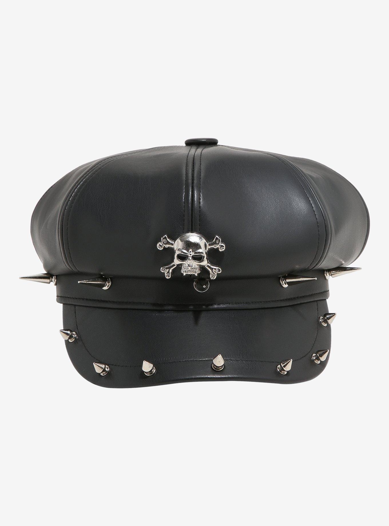 Black Faux Leather Skull Spike Cabbie Hat, , alternate