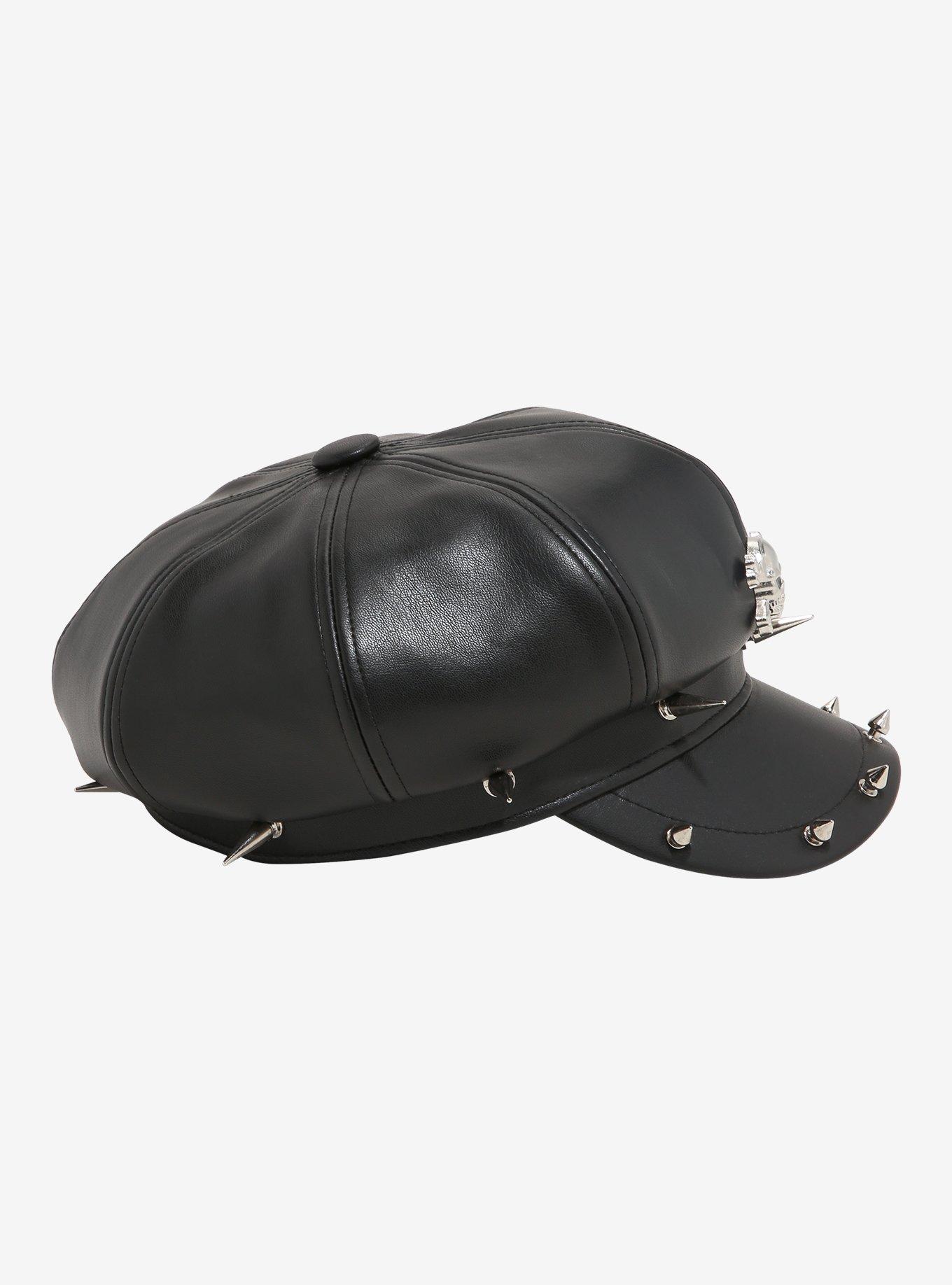 Black Faux Leather Skull Spike Cabbie Hat, , alternate