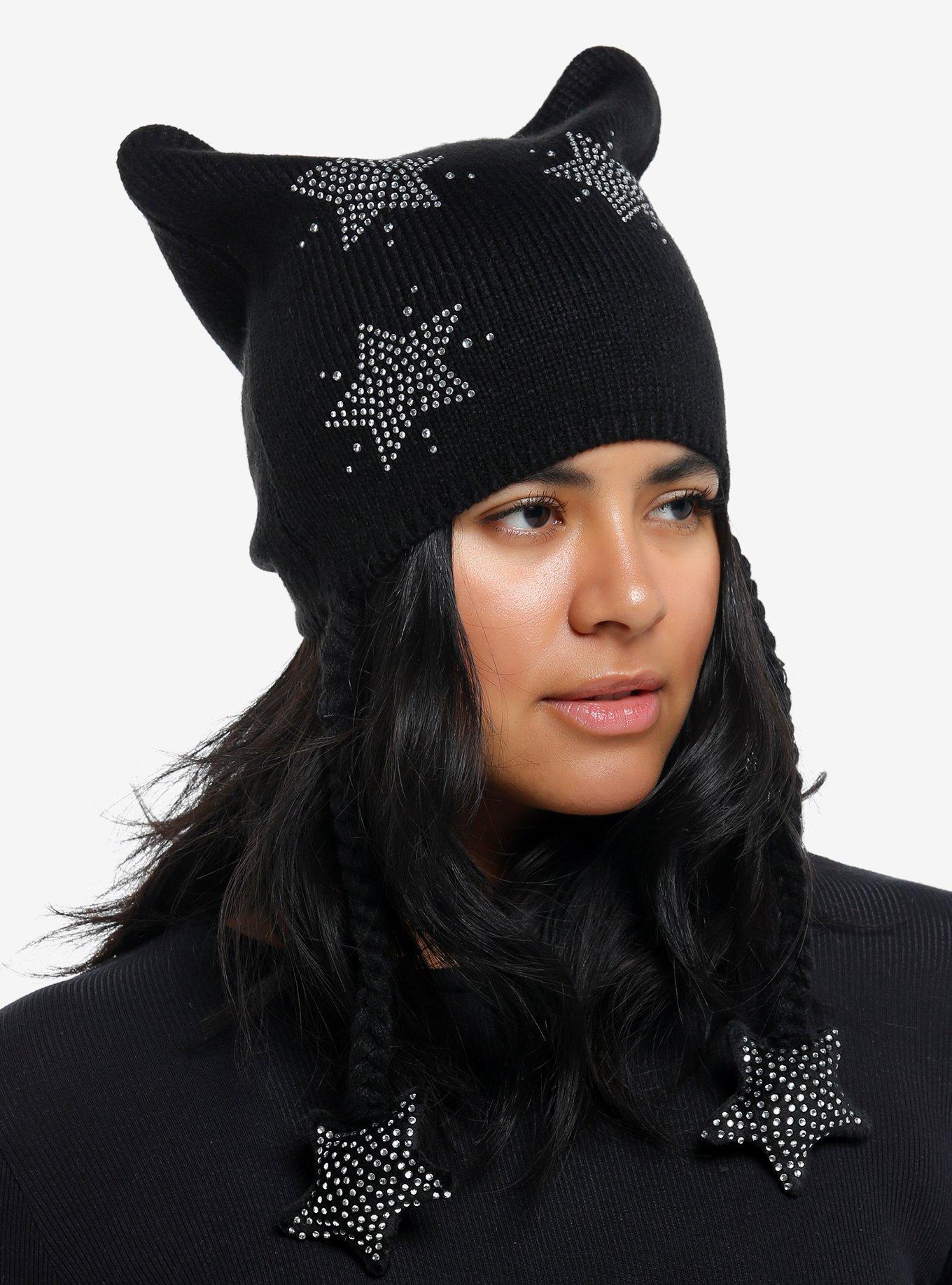 Black Rhinestone Star Tassel Beanie, , alternate