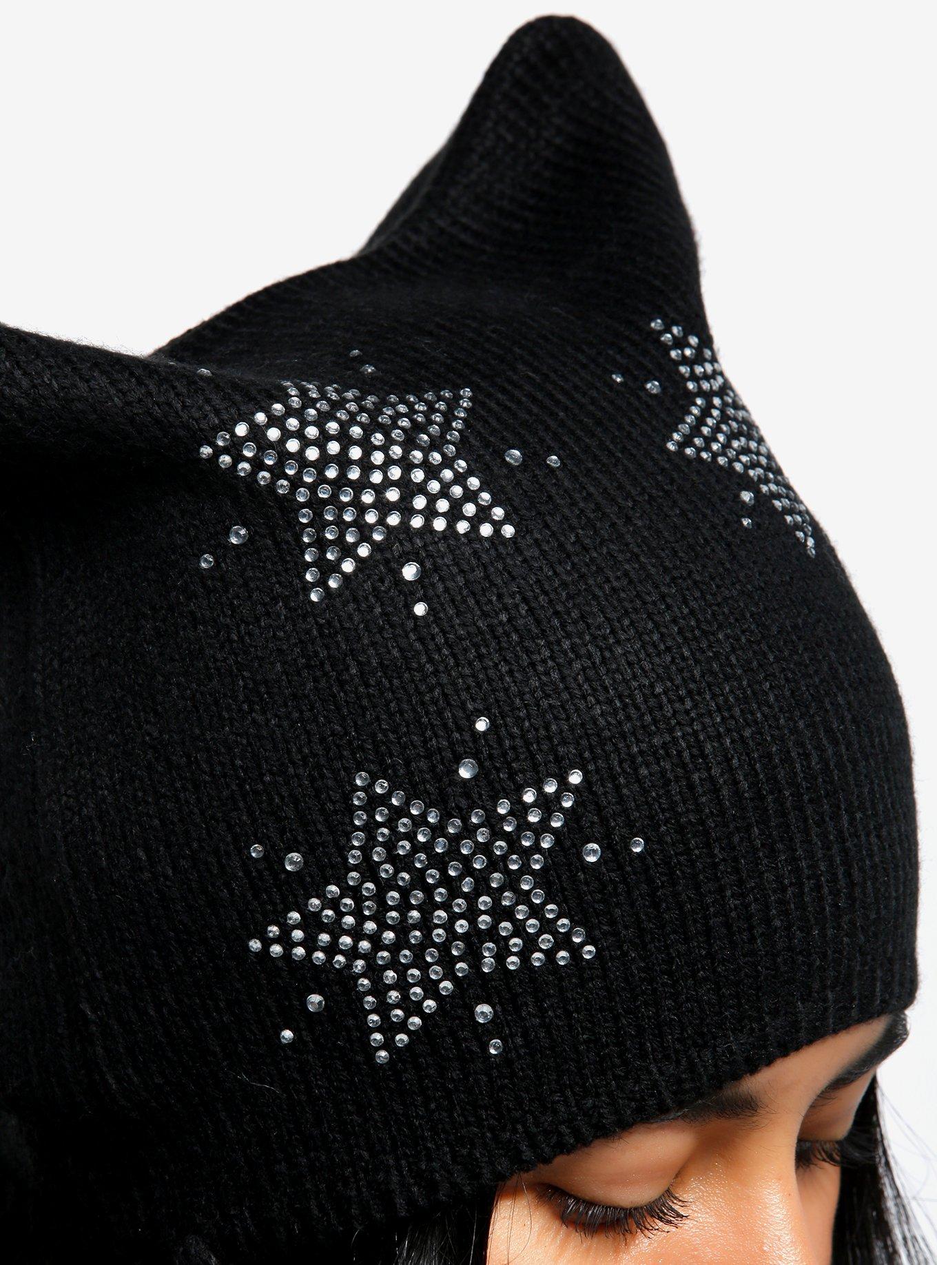 Black Rhinestone Star Tassel Beanie, , alternate