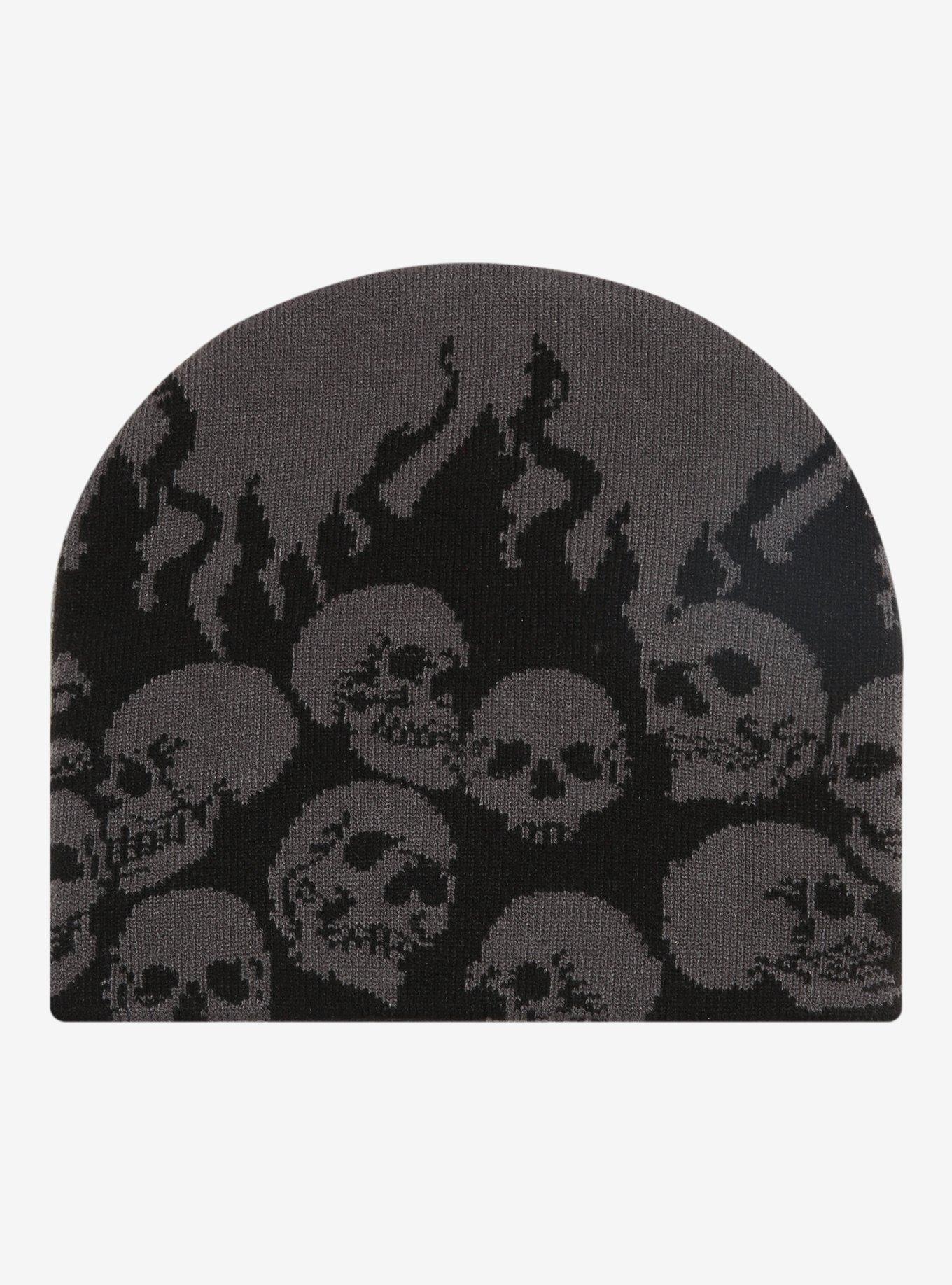 Black & Grey Skull Flame Beanie, , hi-res