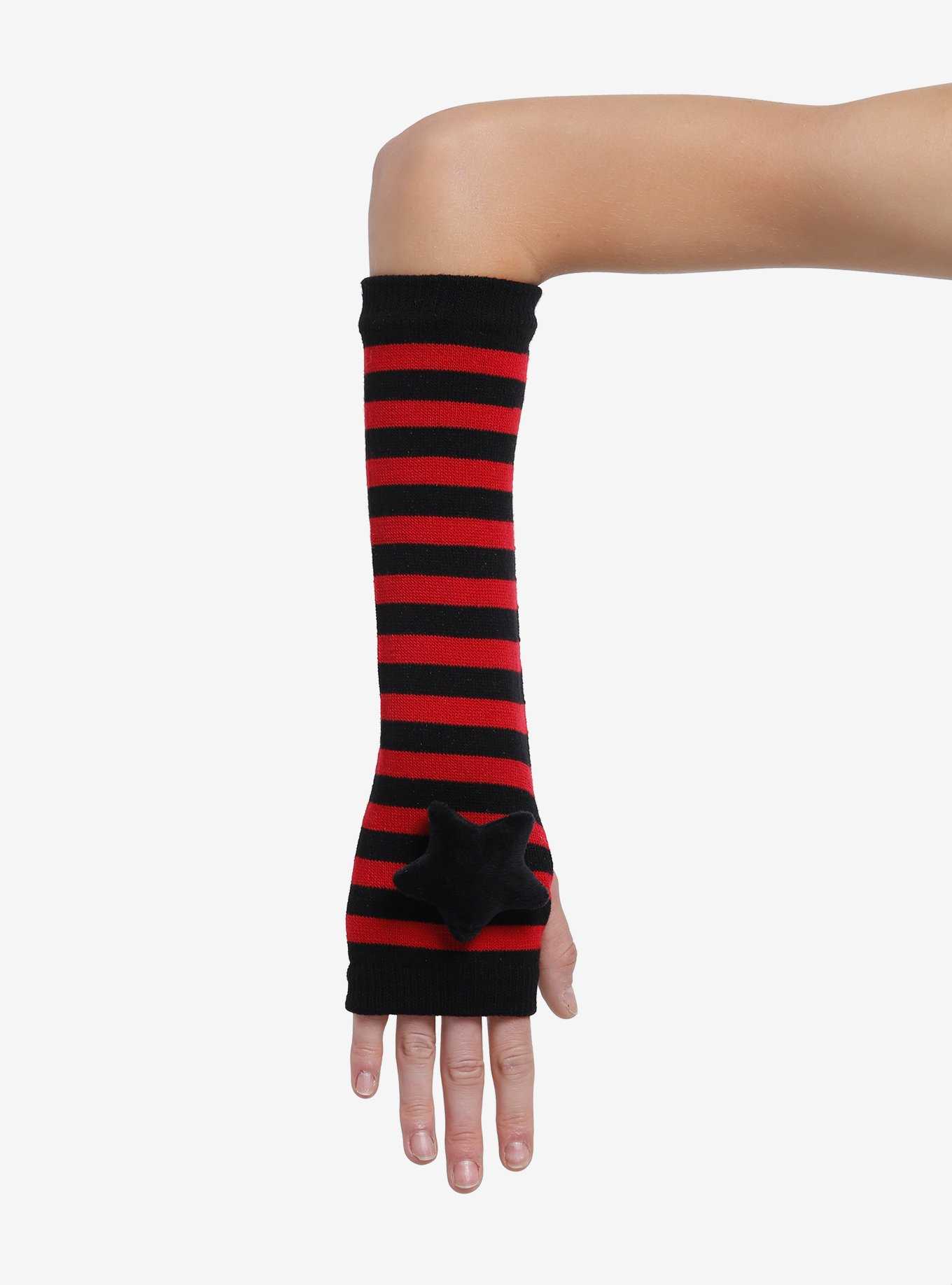 Red & Black Stripe Plush Star Arm Warmers, , hi-res