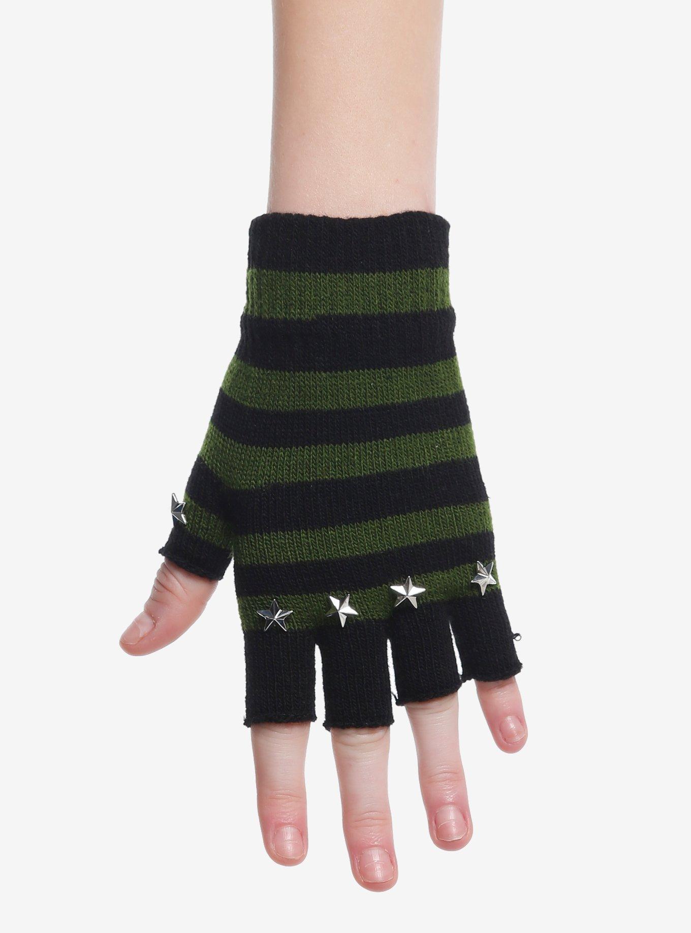 Green & Black Stripe Star Stud Fingerless Gloves, , hi-res