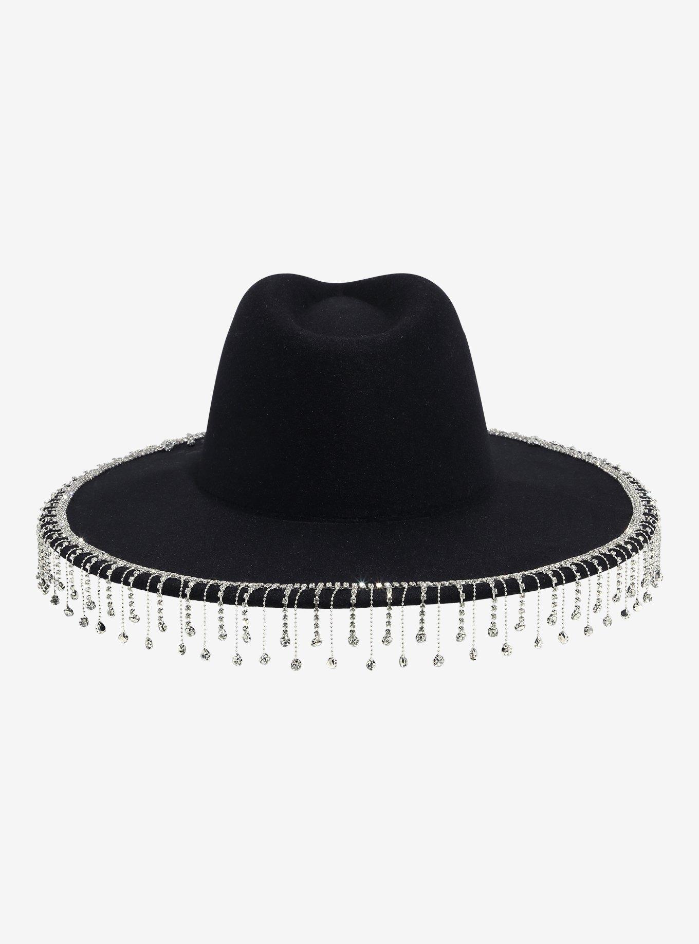 Black Rhinestone Fringe Wide-Brim Hat