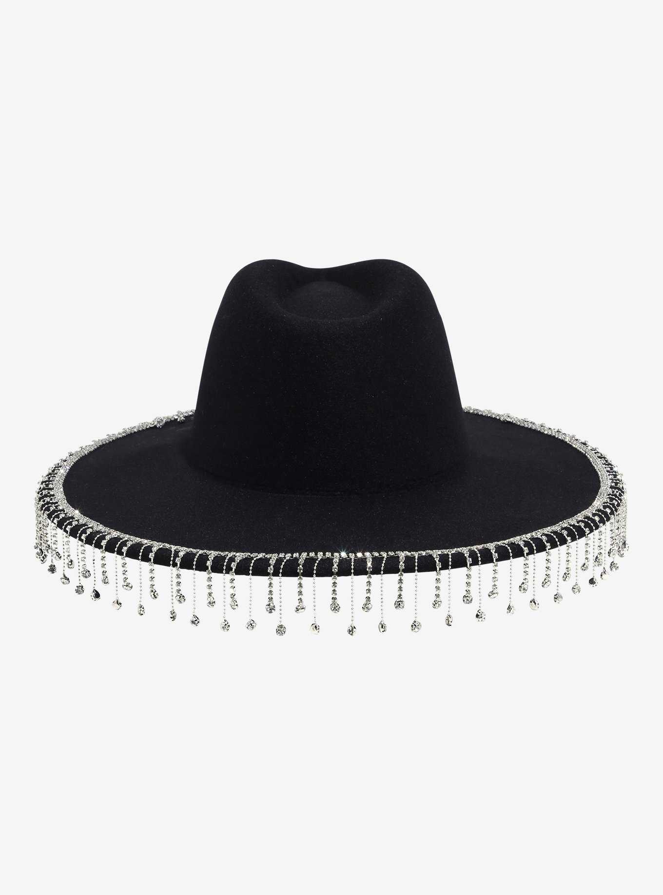 Black Rhinestone Fringe Wide-Brim Hat, , hi-res
