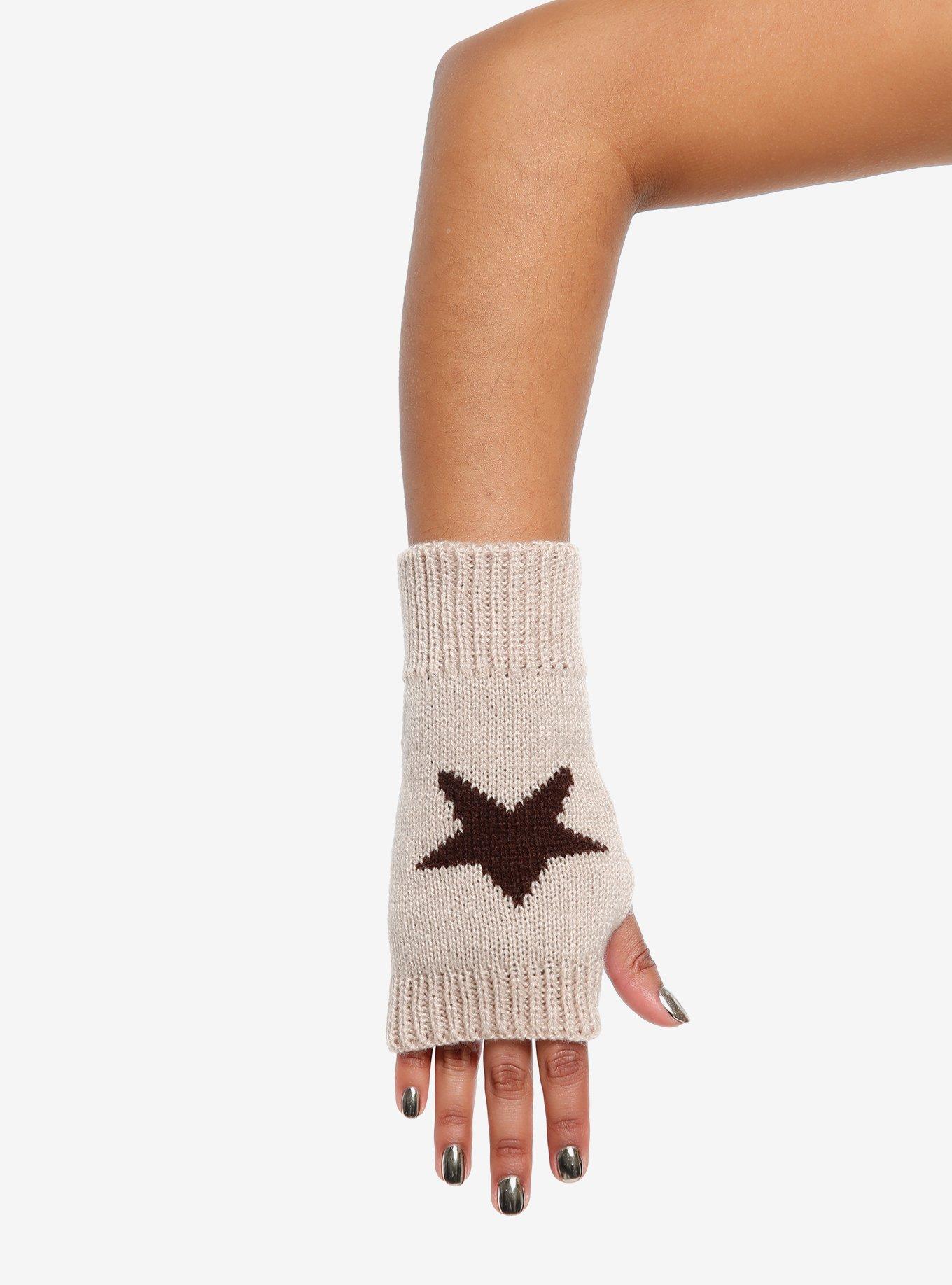 Tan & Brown Star Fingerless Gloves, , alternate