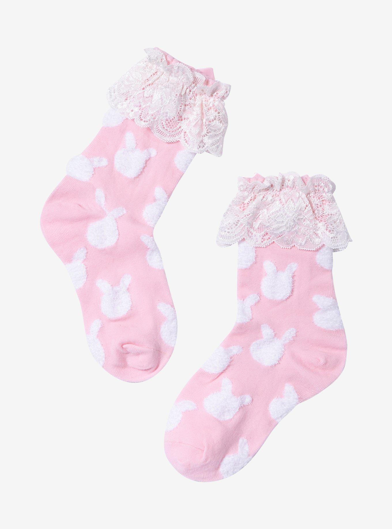 Pink Bunny Lace Bow Ankle Socks, , alternate