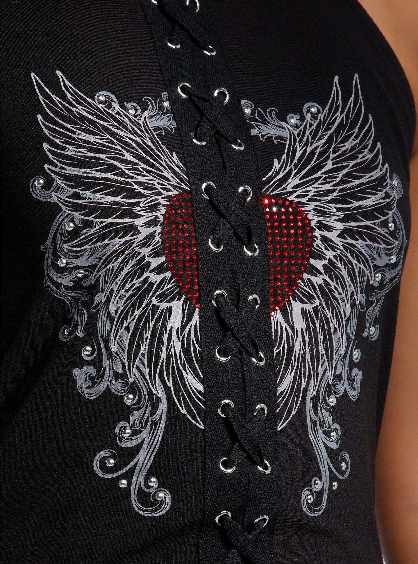 Social Collision Winged Heart Lace-Up Girls Tank Top, RED, alternate