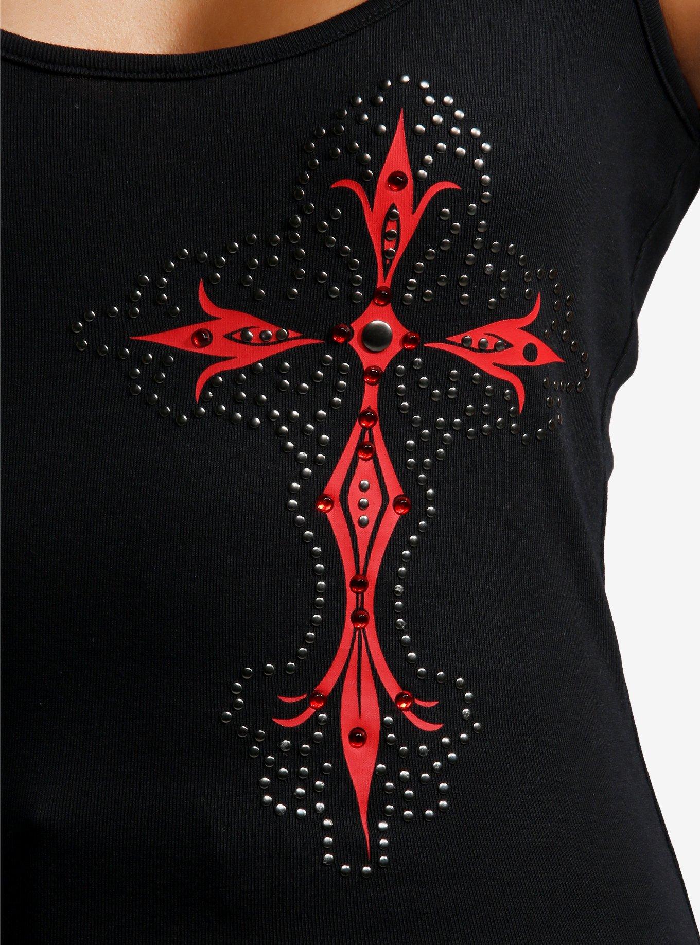 Social Collision Bedazzled Gothic Cross Girls Tank Top, RED, alternate