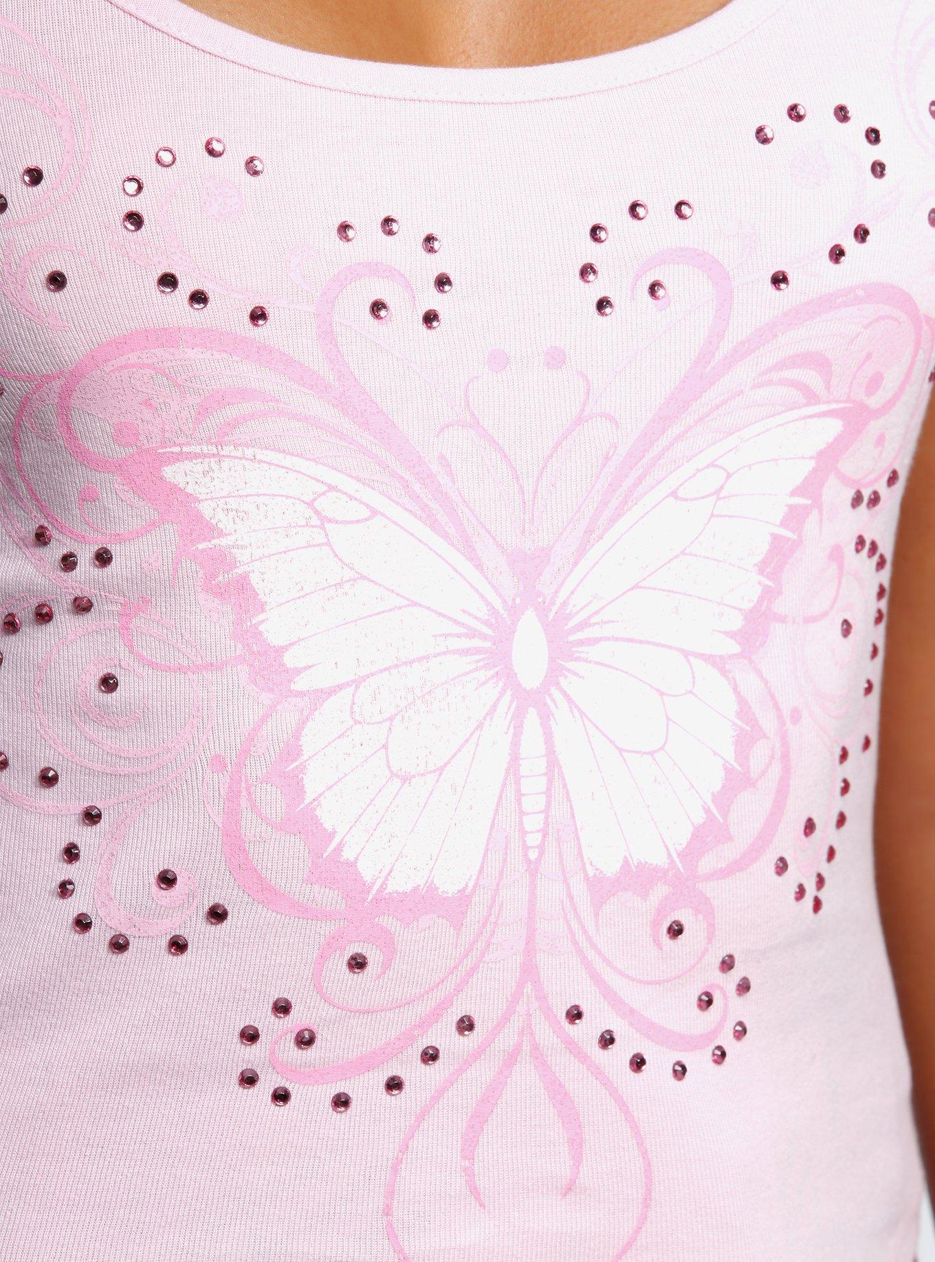 Pink Butterfly Rhinestone Girls Racerback Tank Top, PINK, alternate