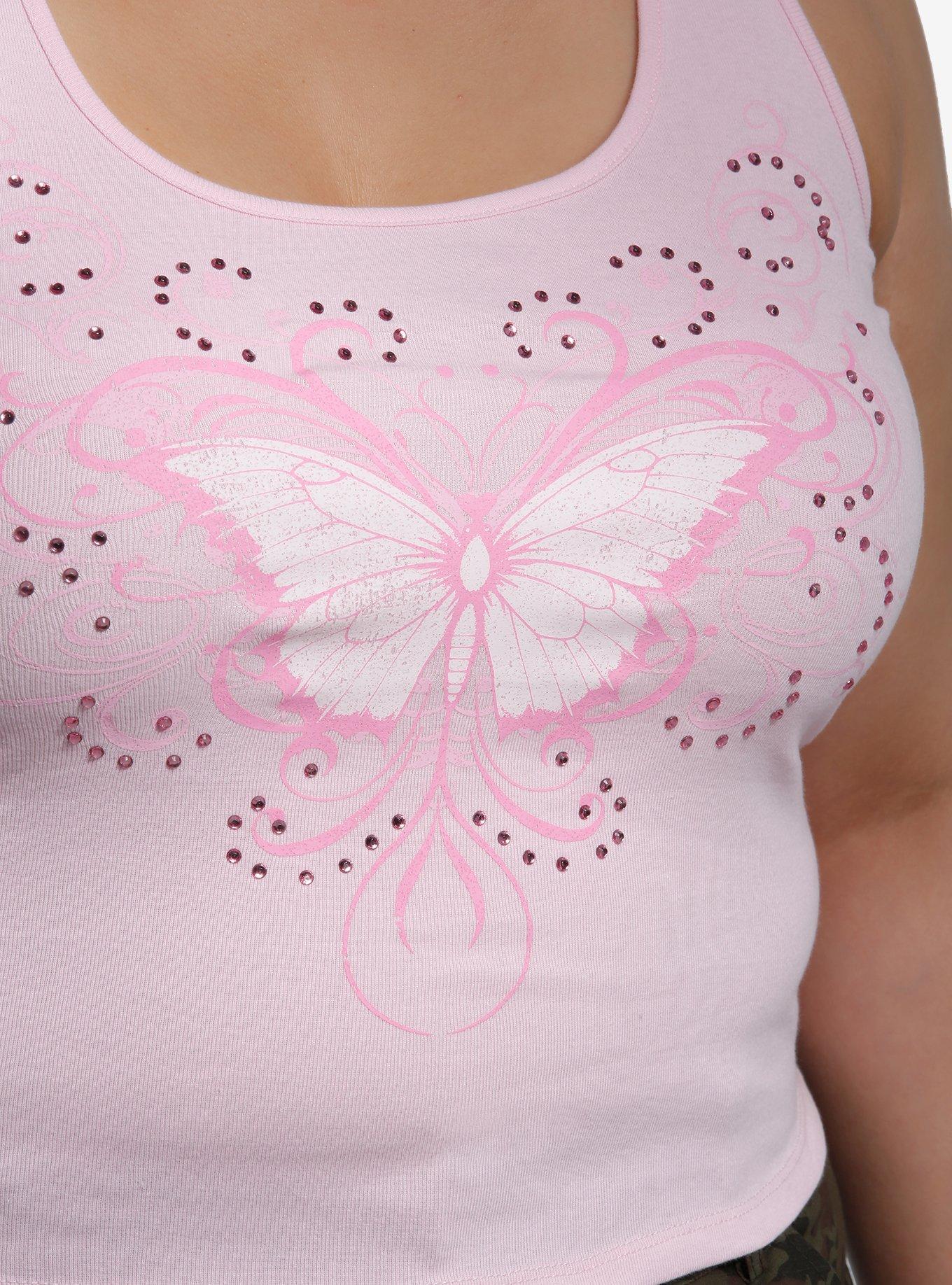 Pink Butterfly Rhinestone Girls Racerback Tank Top Plus Size, PINK, alternate