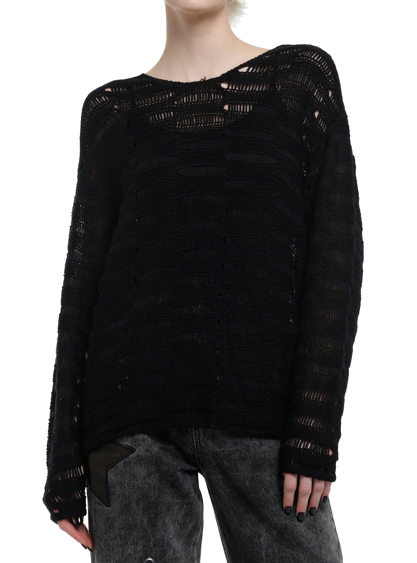 Social Collision Black Destructed Boyfriend Fit Girls Sweater, , hi-res