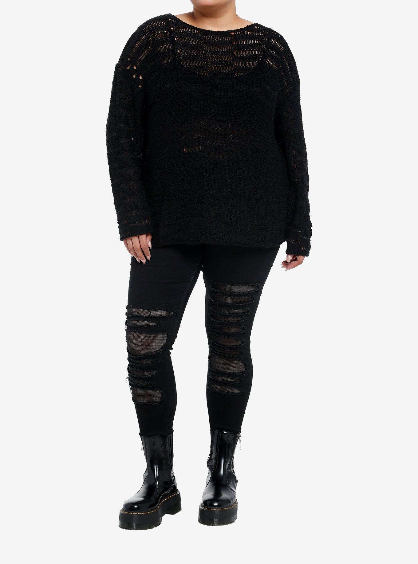 Social Collision Black Destructed Boyfriend Fit Girls Sweater Plus Size, BLACK, alternate