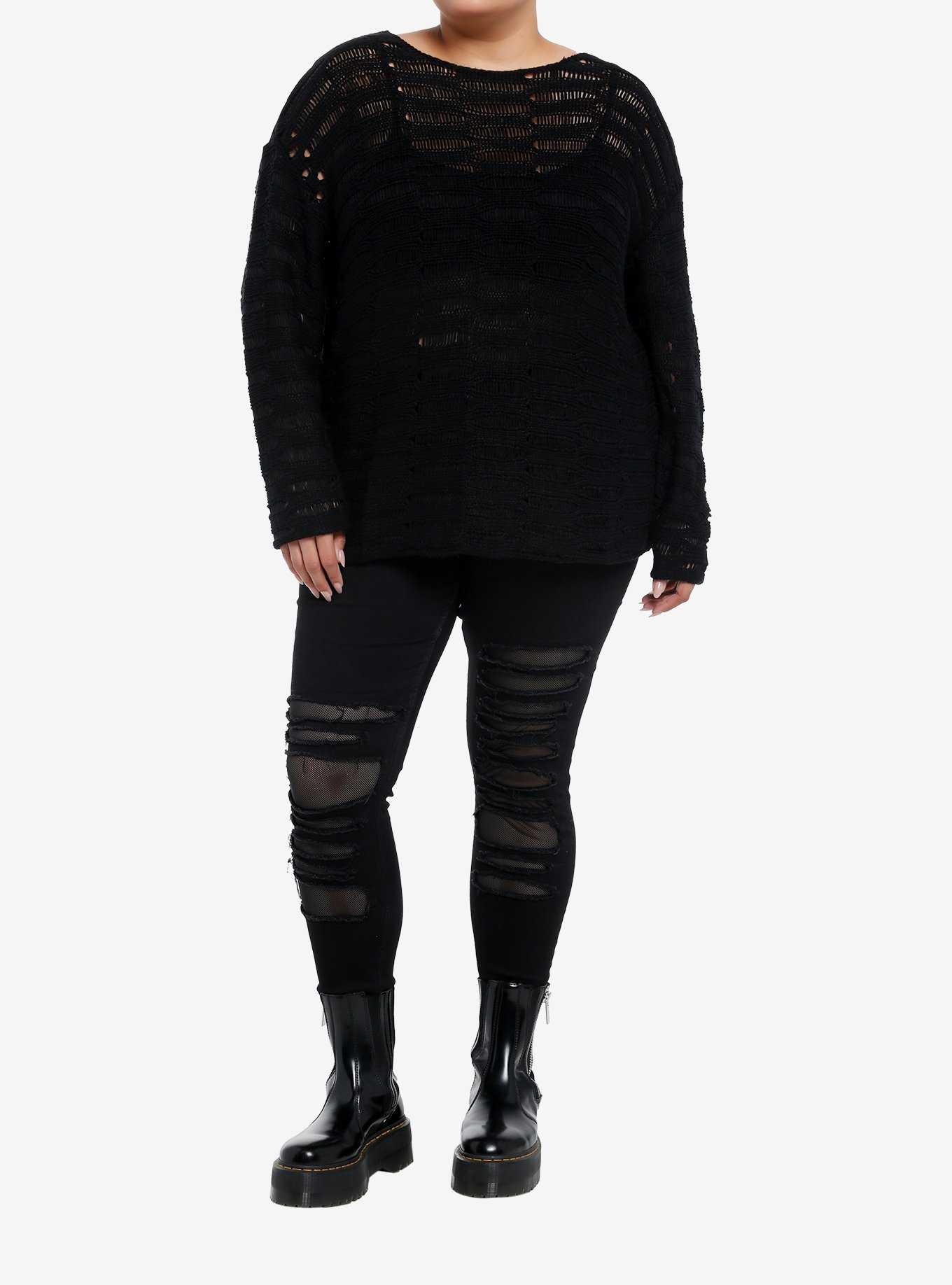 Social Collision Black Destructed Boyfriend Fit Girls Sweater Plus Size, , hi-res