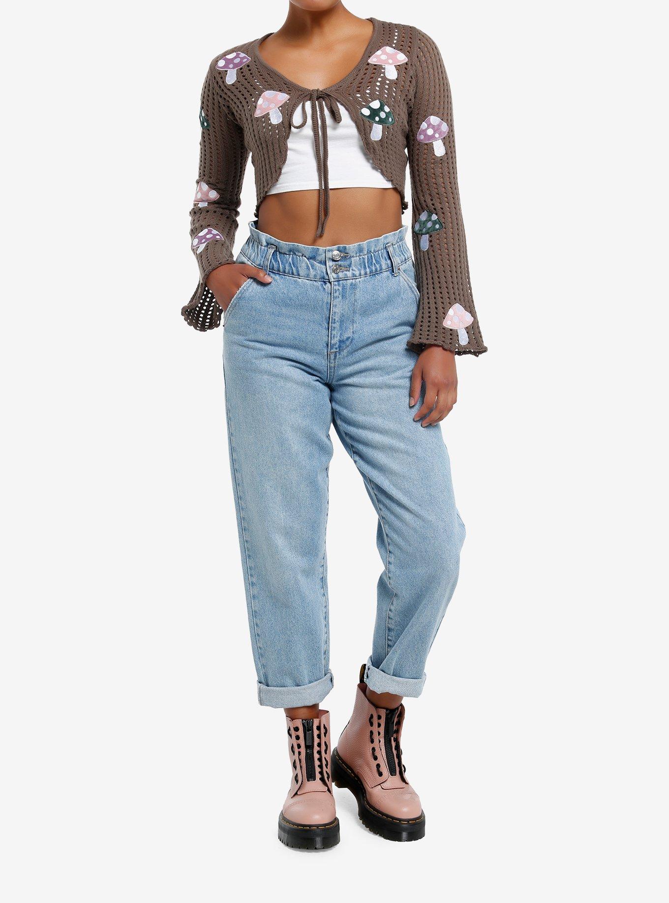 Thorn & Fable Mushrooms Tie-Front Girls Crop Cardigan, , hi-res