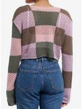 Thorn & Fable Pink & Brown Checker Patches Girls Crop Knit Sweater, BROWN, alternate
