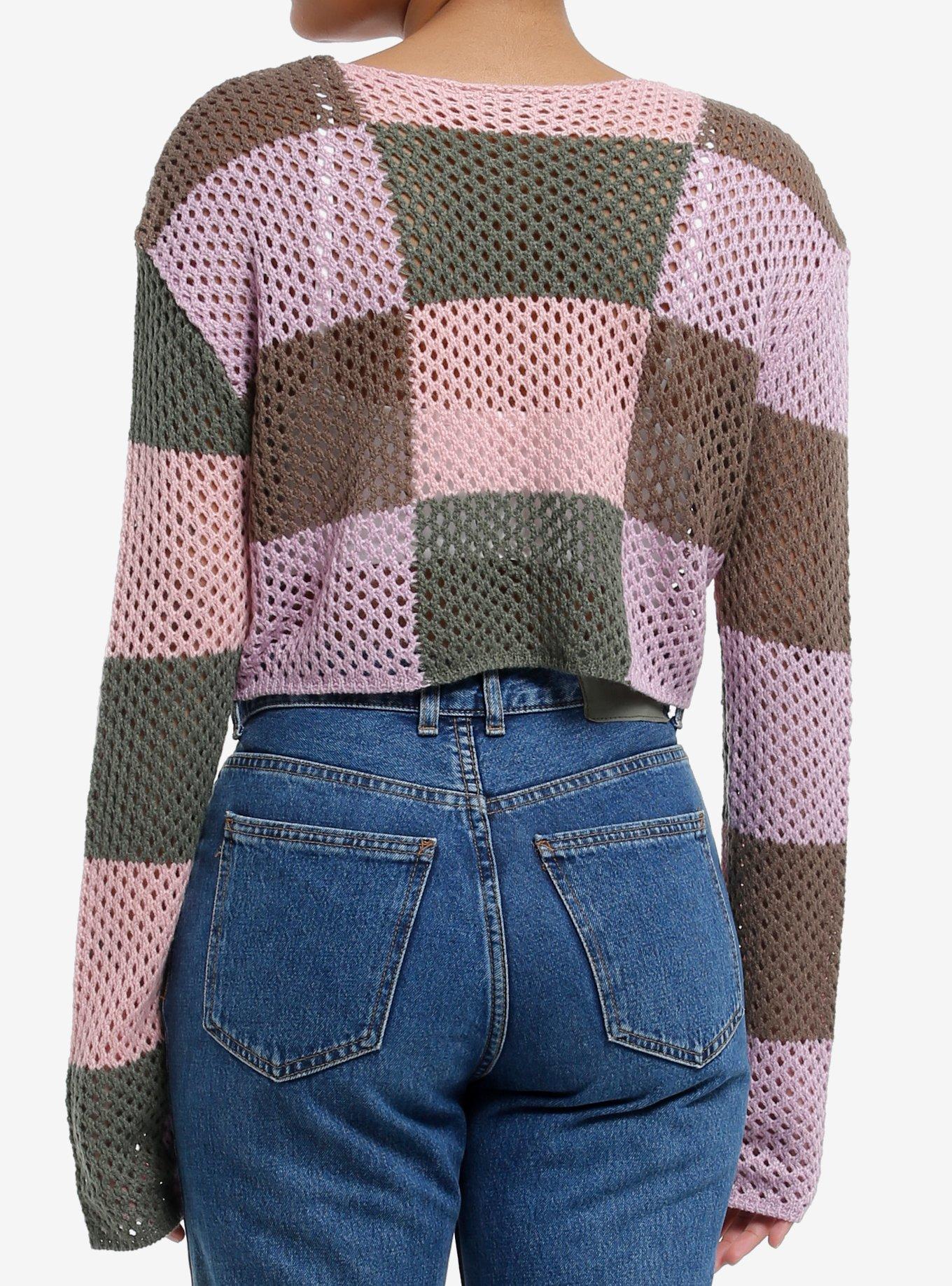 Thorn & Fable Pink & Brown Checker Patches Girls Crop Knit Sweater, BROWN, alternate