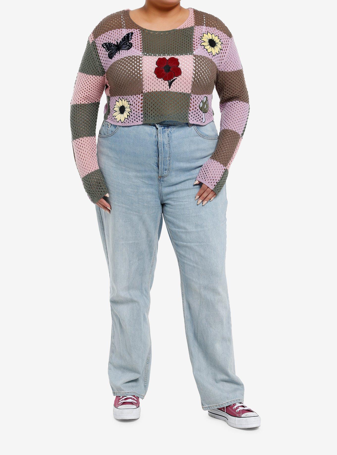 Thorn & Fable Pink & Brown Checker Patches Girls Crop Knit Sweater Plus Size, BROWN, alternate