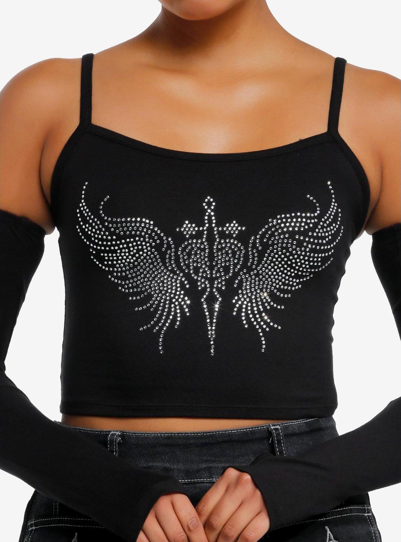 Social Collision Rhinestone Winged Heart Dagger Girls Tank Top With Arm Warmers, , alternate