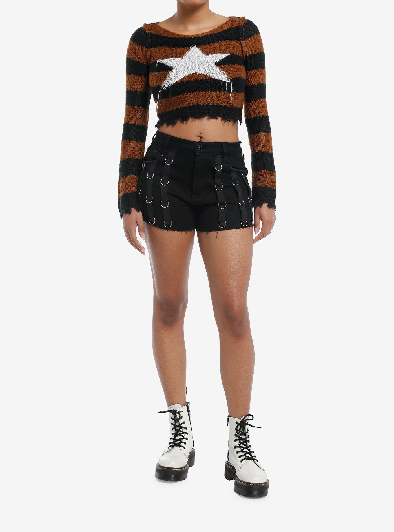 Social Collision Brown & Black Stripe Star Girls Crop Sweater, BLACK, alternate