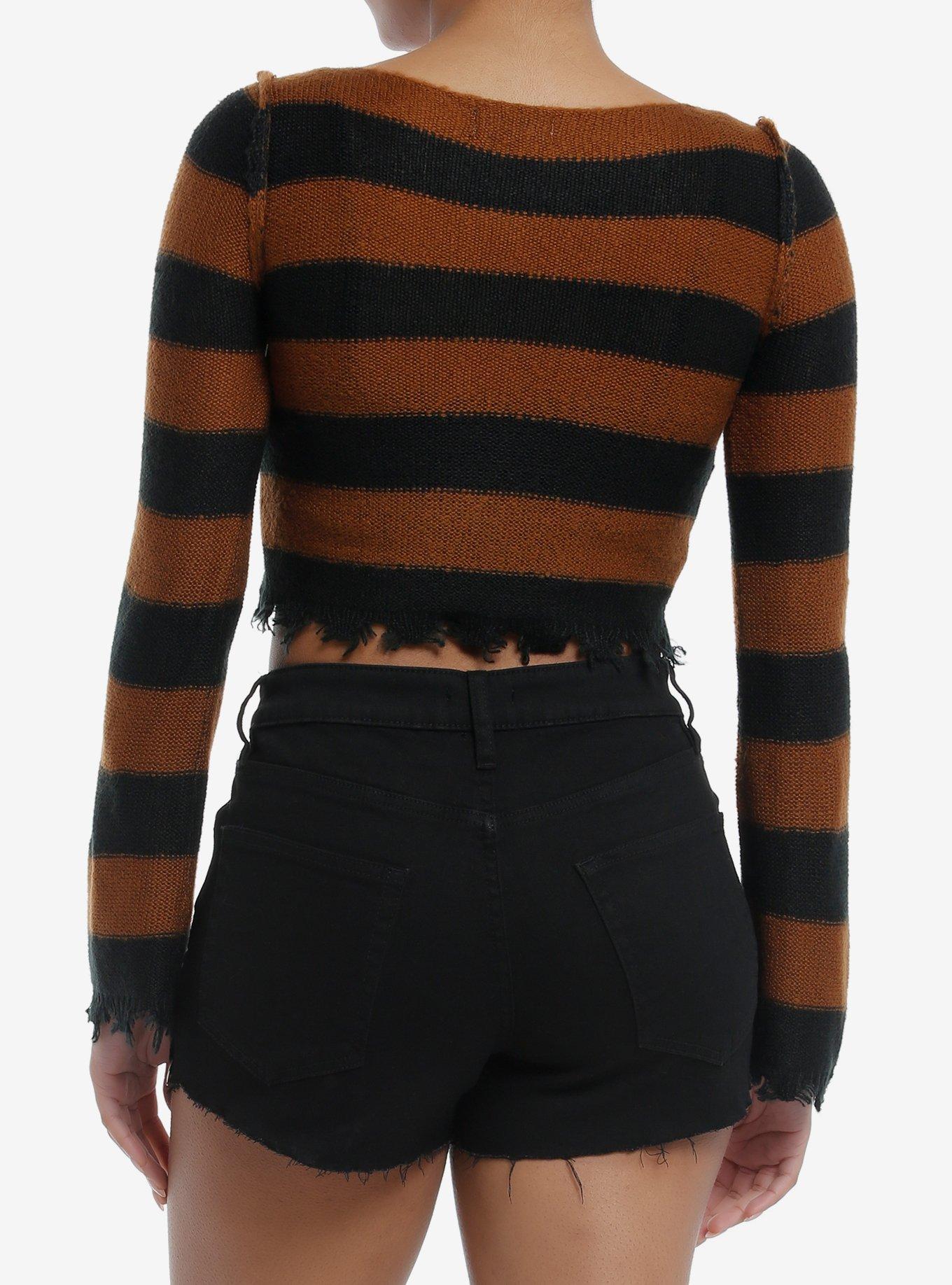 Social Collision Brown & Black Stripe Star Girls Crop Sweater, BLACK, alternate