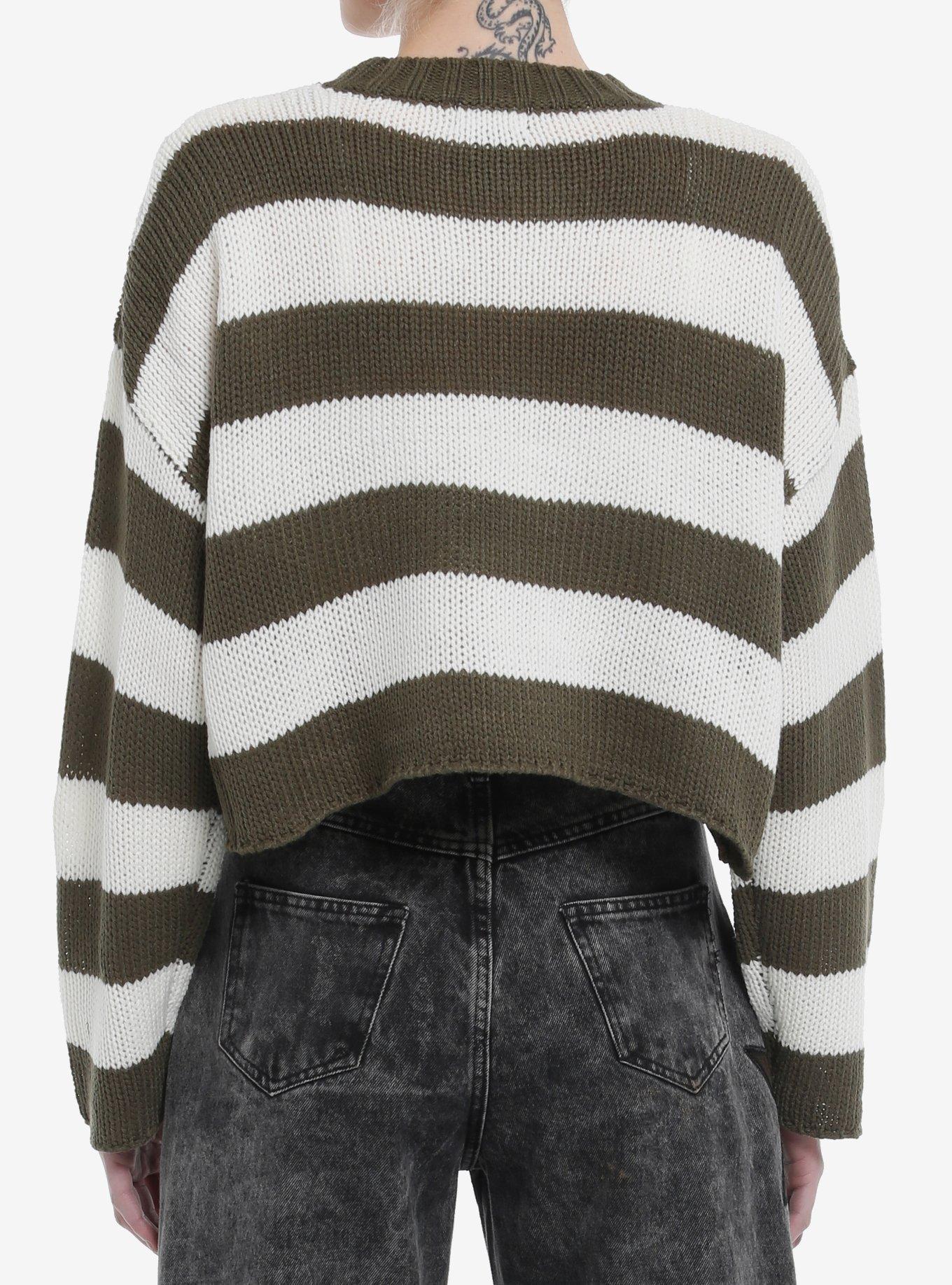 Olive & White Stripe Girls Crop Sweater, , alternate