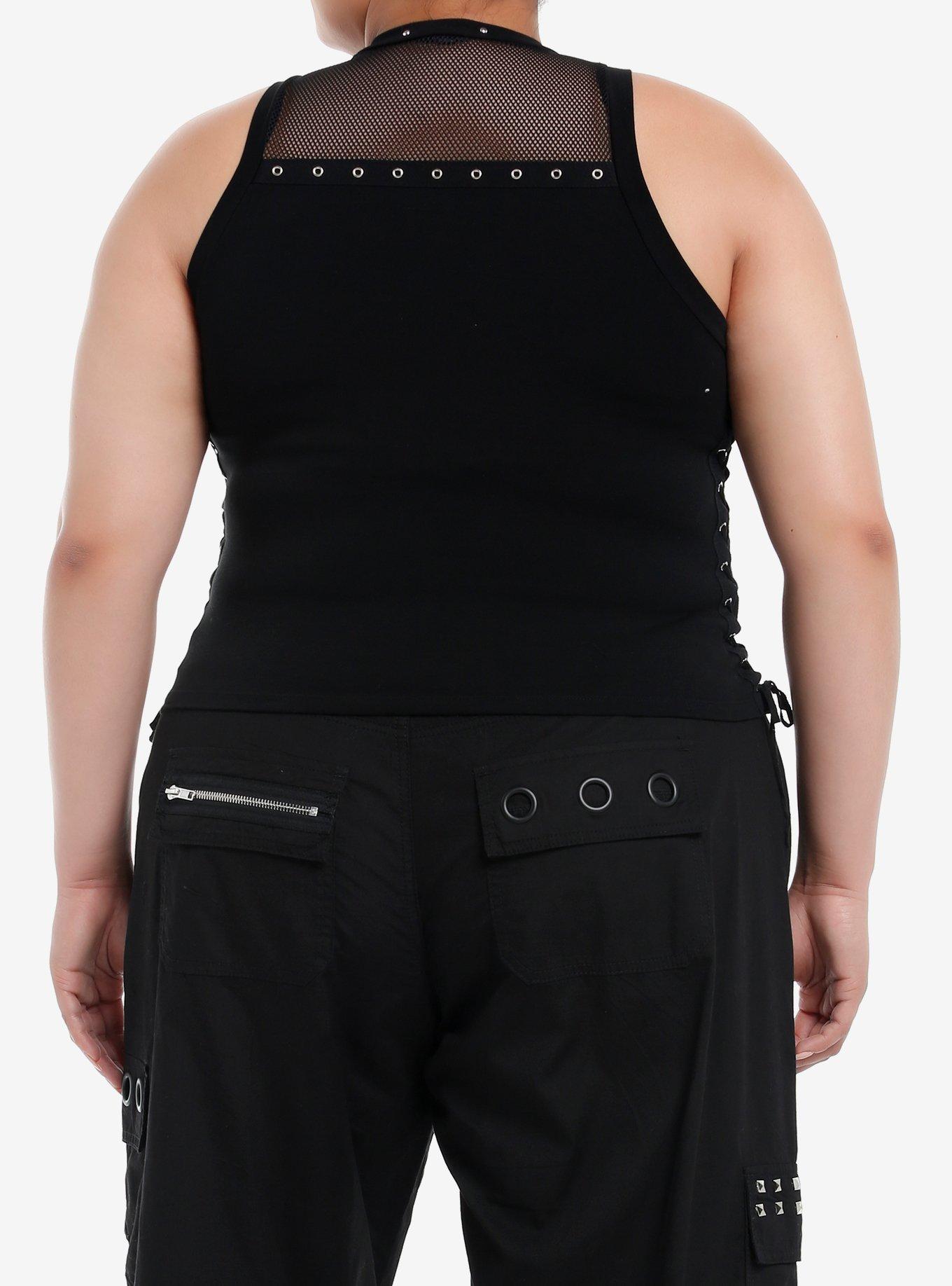 Social Collision Fishnet Grommet Lace-Up Girls Tank Top Plus Size, BLACK, alternate